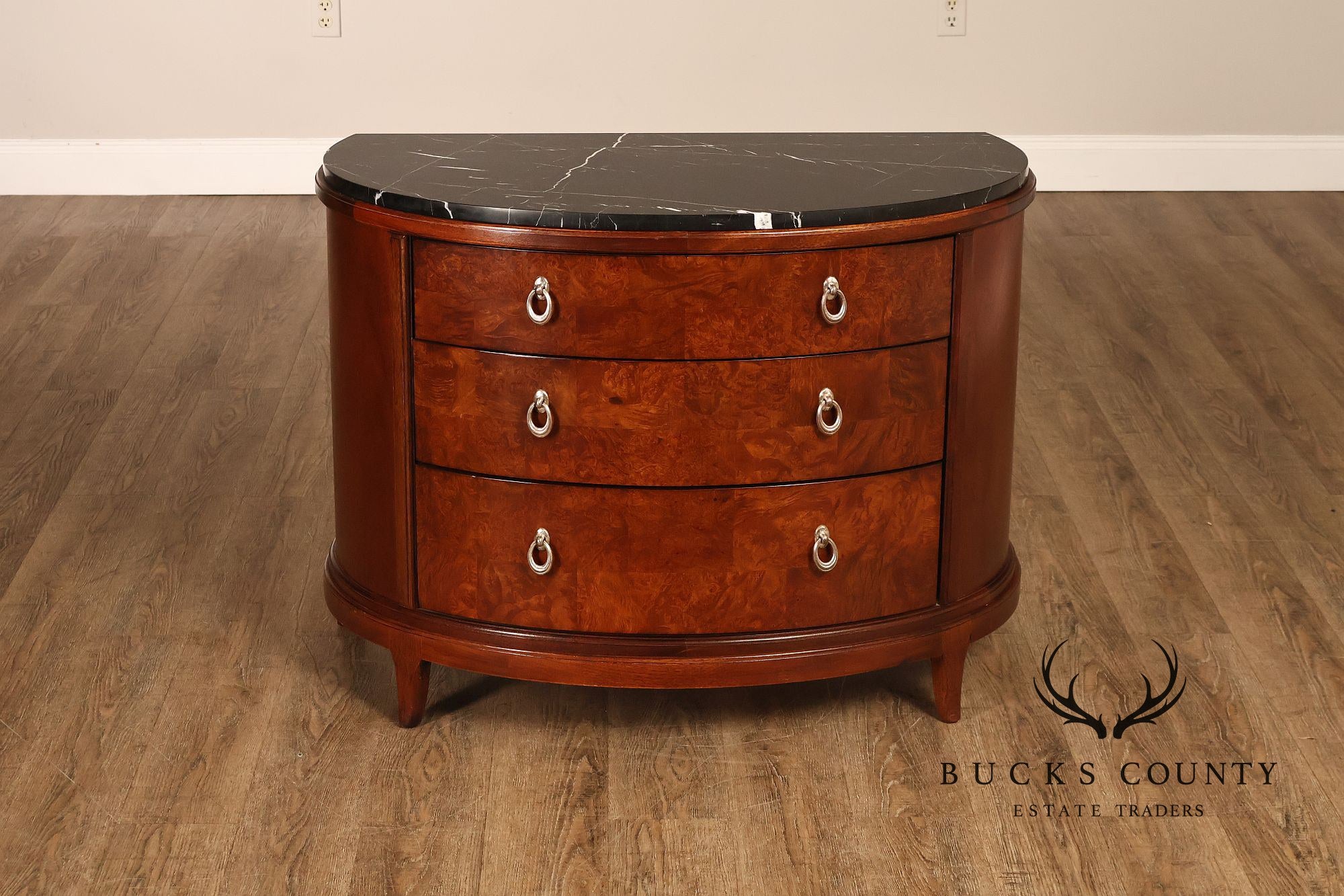 Thomasville Bogart Collection Pair of Marble Top Burlwood Commodes