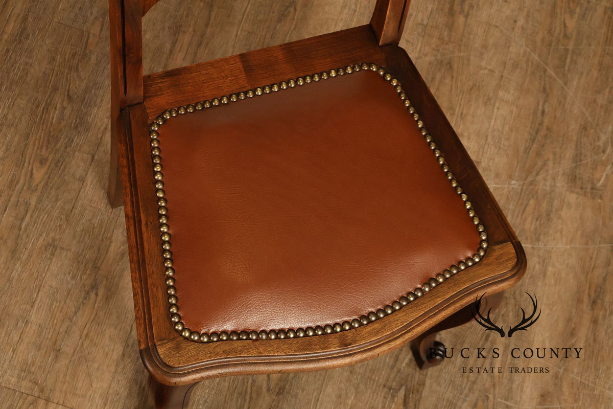 French Country Antique Set Of Eight Walnut And Leather Ladder Back Dining Chairs