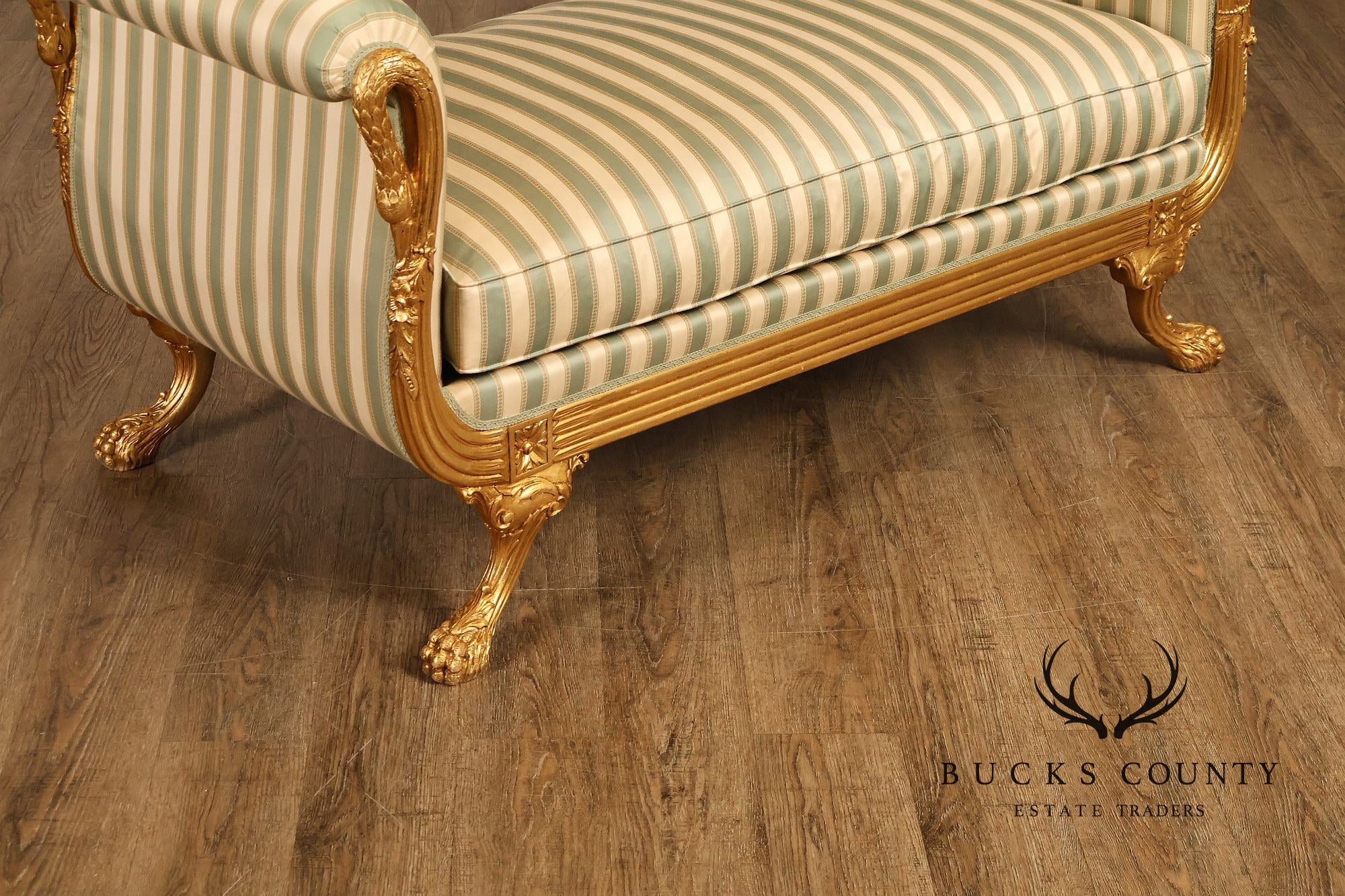 Quality Empire Style Swan Carved Giltwood Upholstered Bench