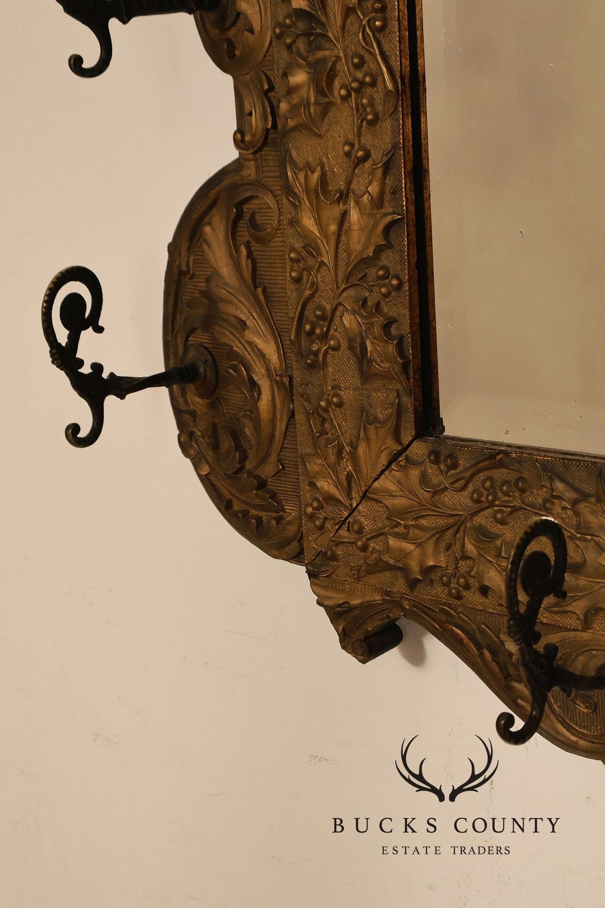 Antique Carved Gilt Wood Wall Mirror With Wrought Iron Hooks