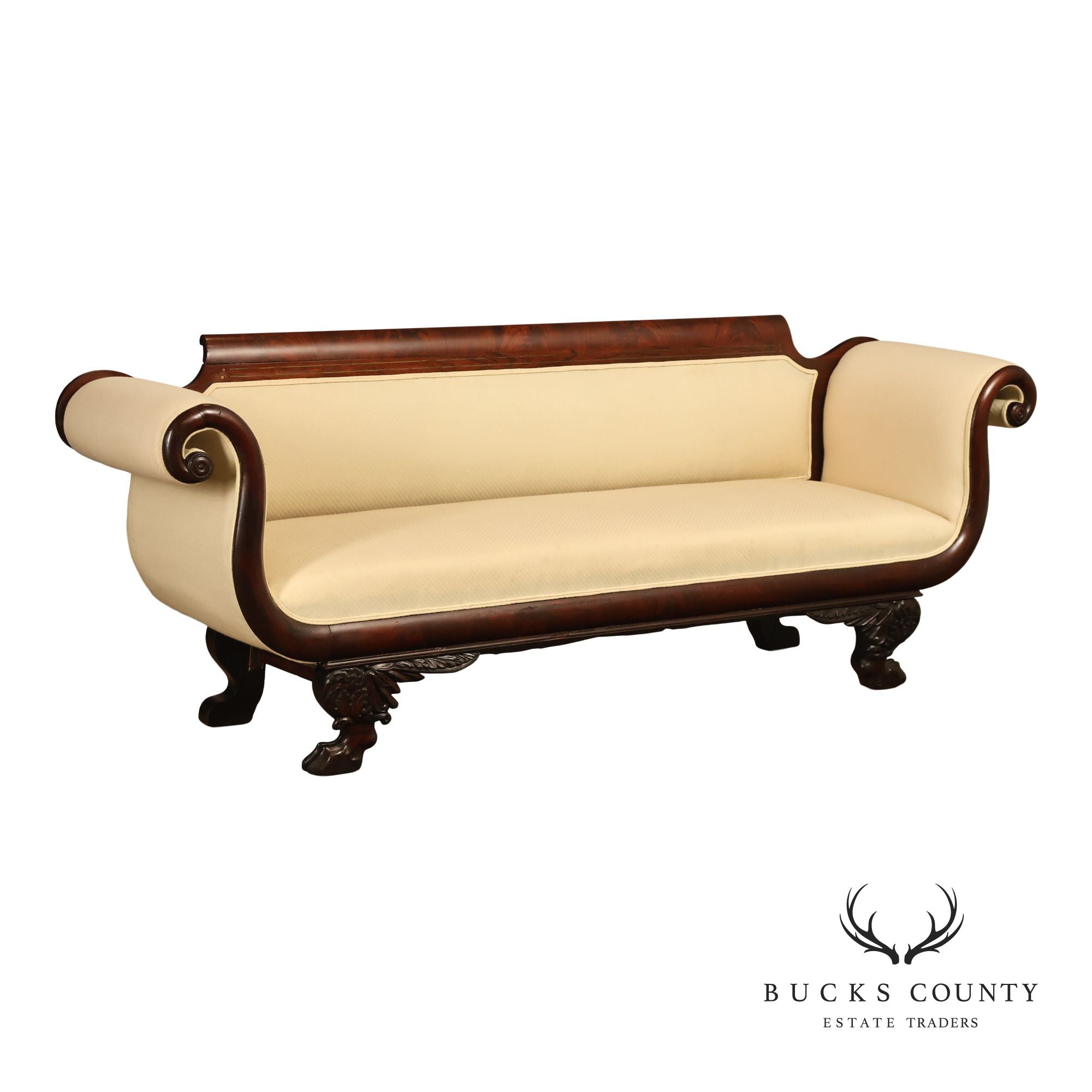 Antique Empire Style Mahogany Classical Scroll Arm Sofa