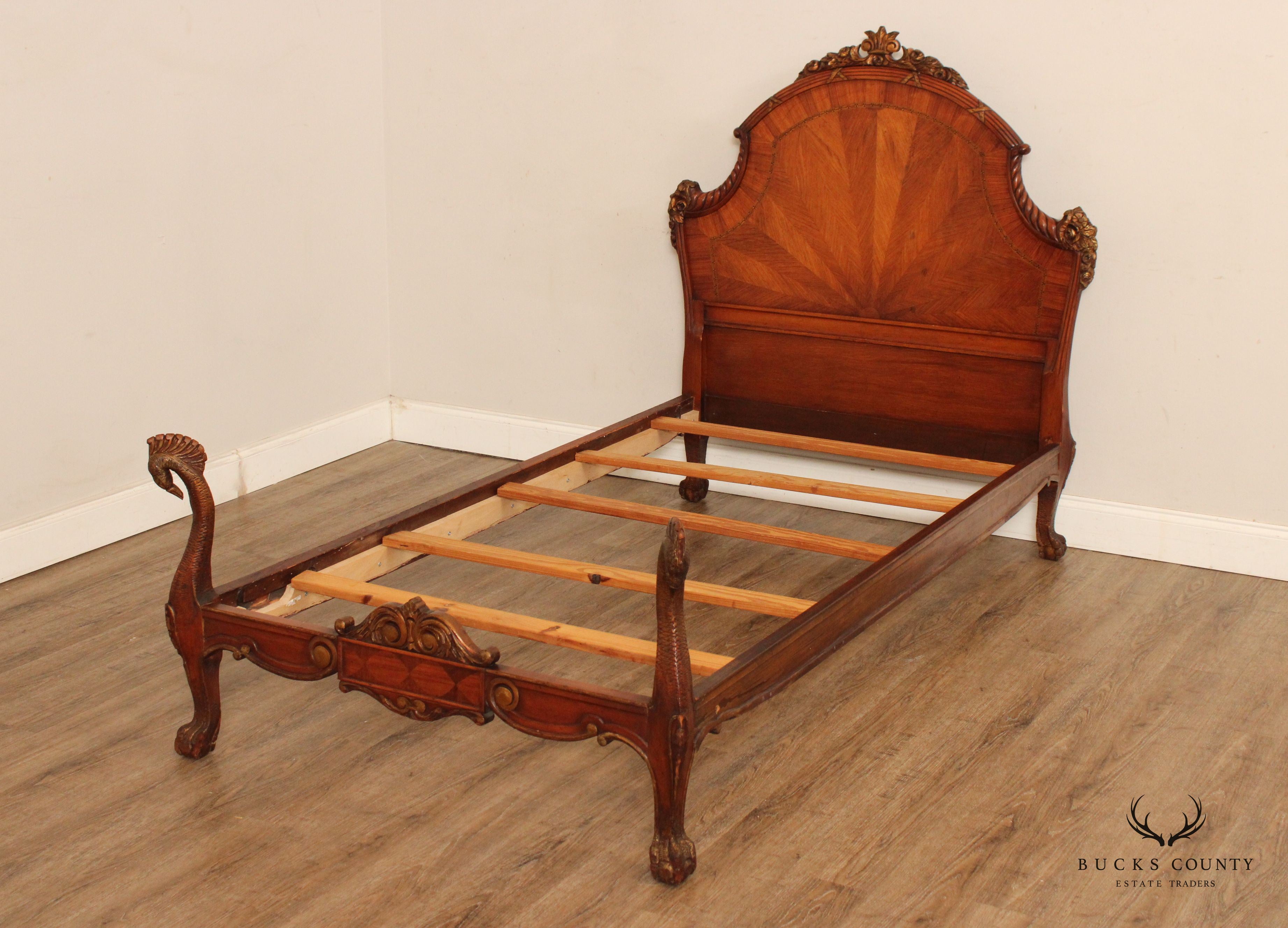 Antique French Rococo Style Peacock Carved Twin Size Bed Frame