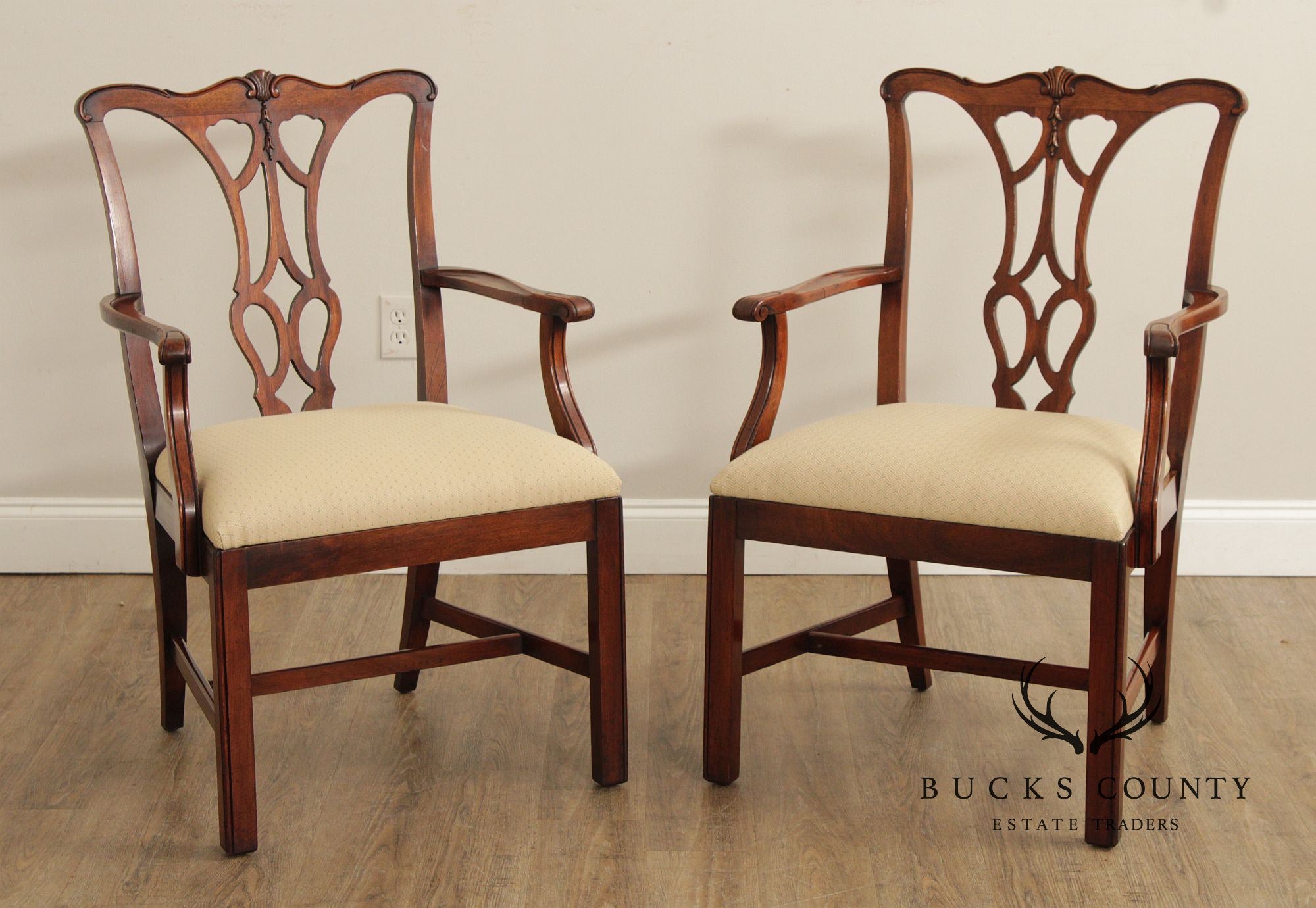 1940's Chippendale Style Pair of Carved Mahogany Armchairs