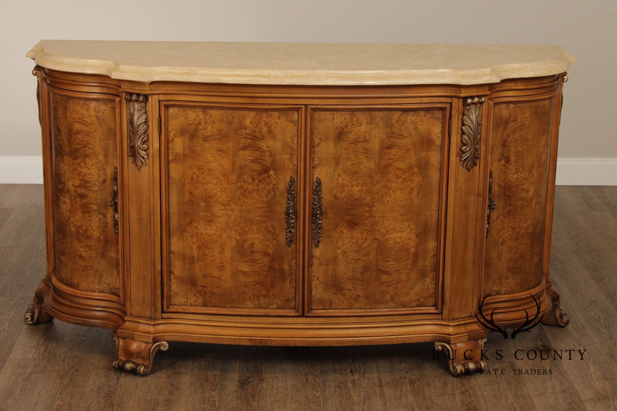 Henredon Burl Wood Marble Top Sideboard Buffet Cabinet