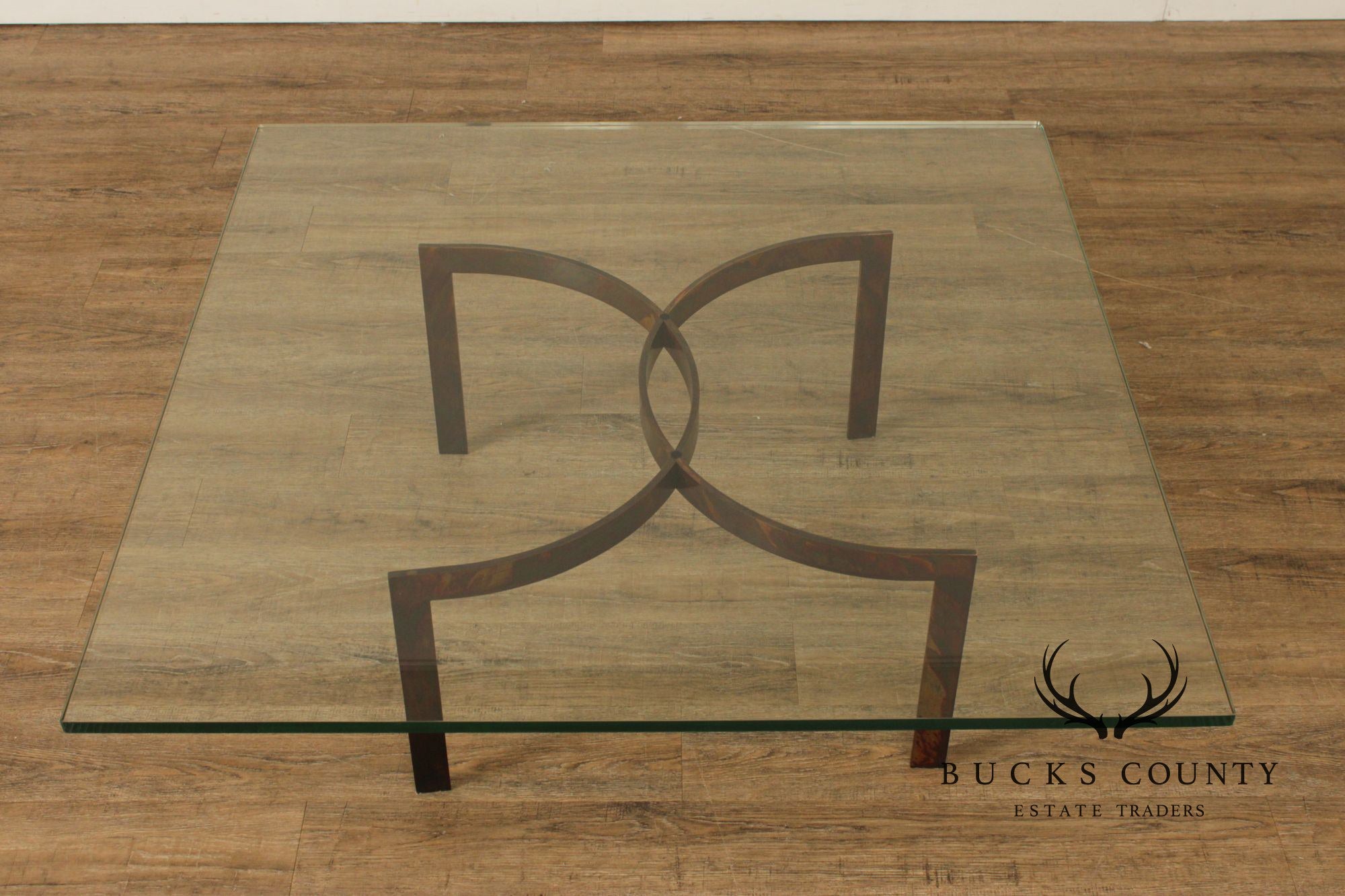Brutalist Square Glass Top Steel Base Coffee Table