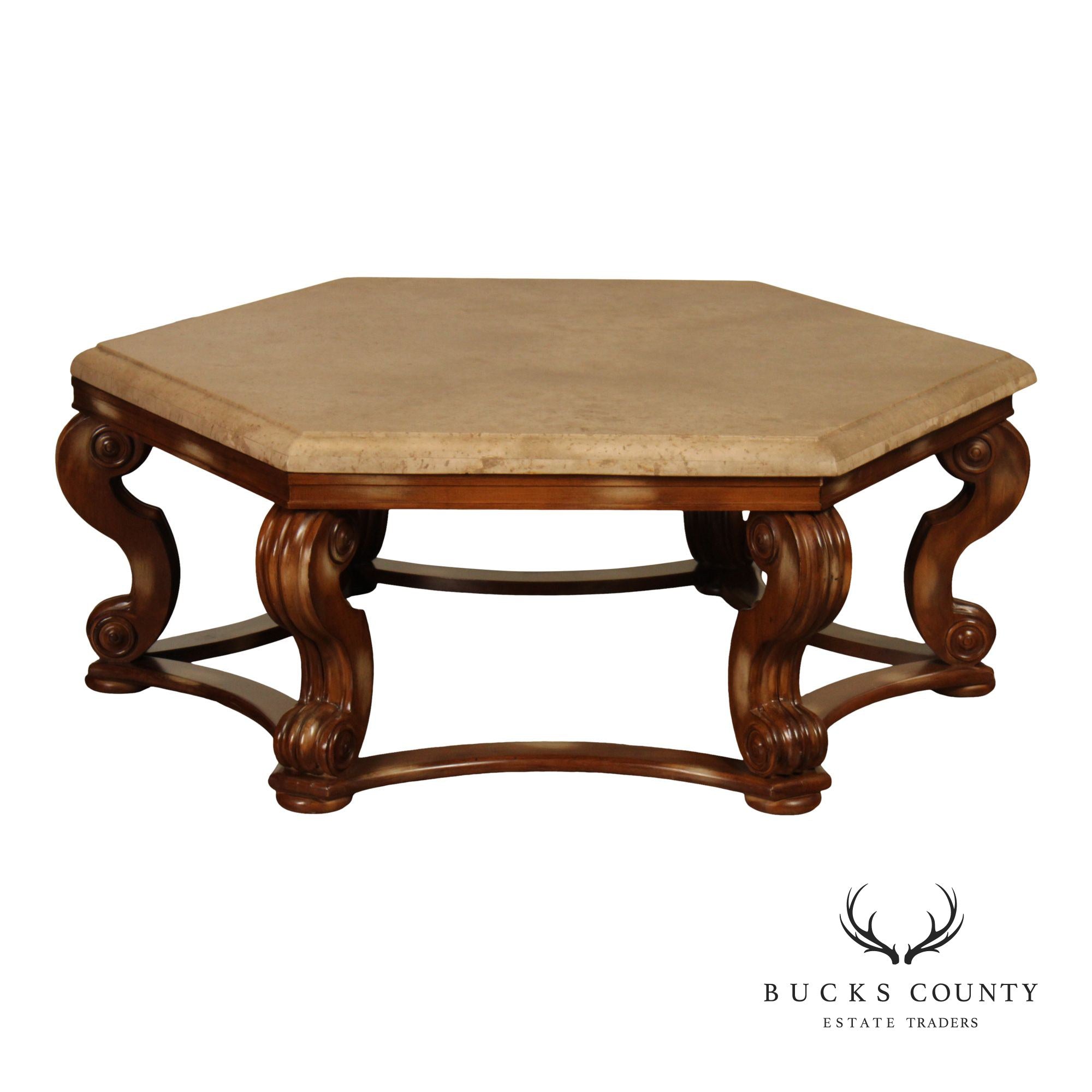 Century Furniture Tuscan Style Large Travertine Top Hexagonal Coffee Table