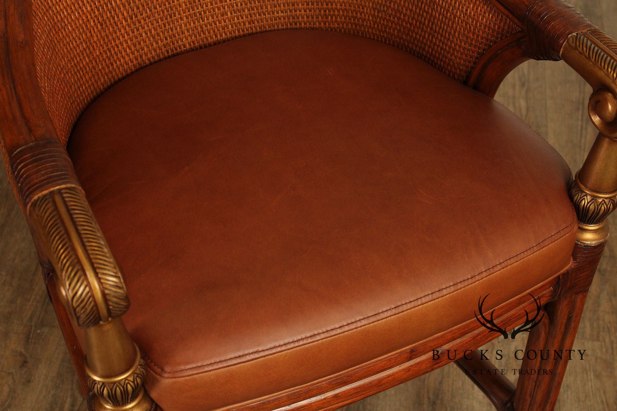 Pair Of Ethan Allen Leather And Rattan Bar Stools