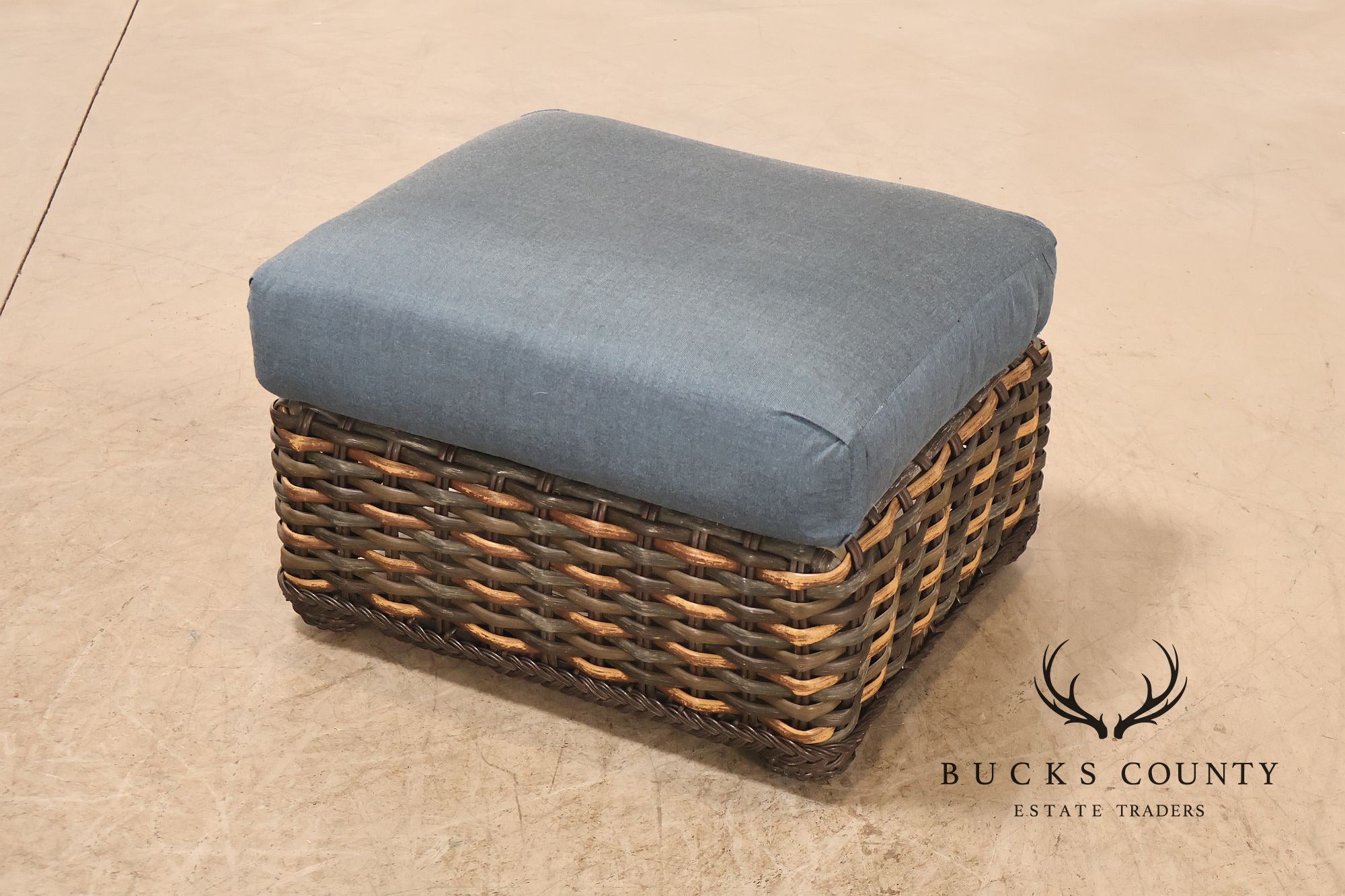 Lane Venture Weather Master Pair Of Woven Wicker Outdoor Ottomans With Blue Cushions