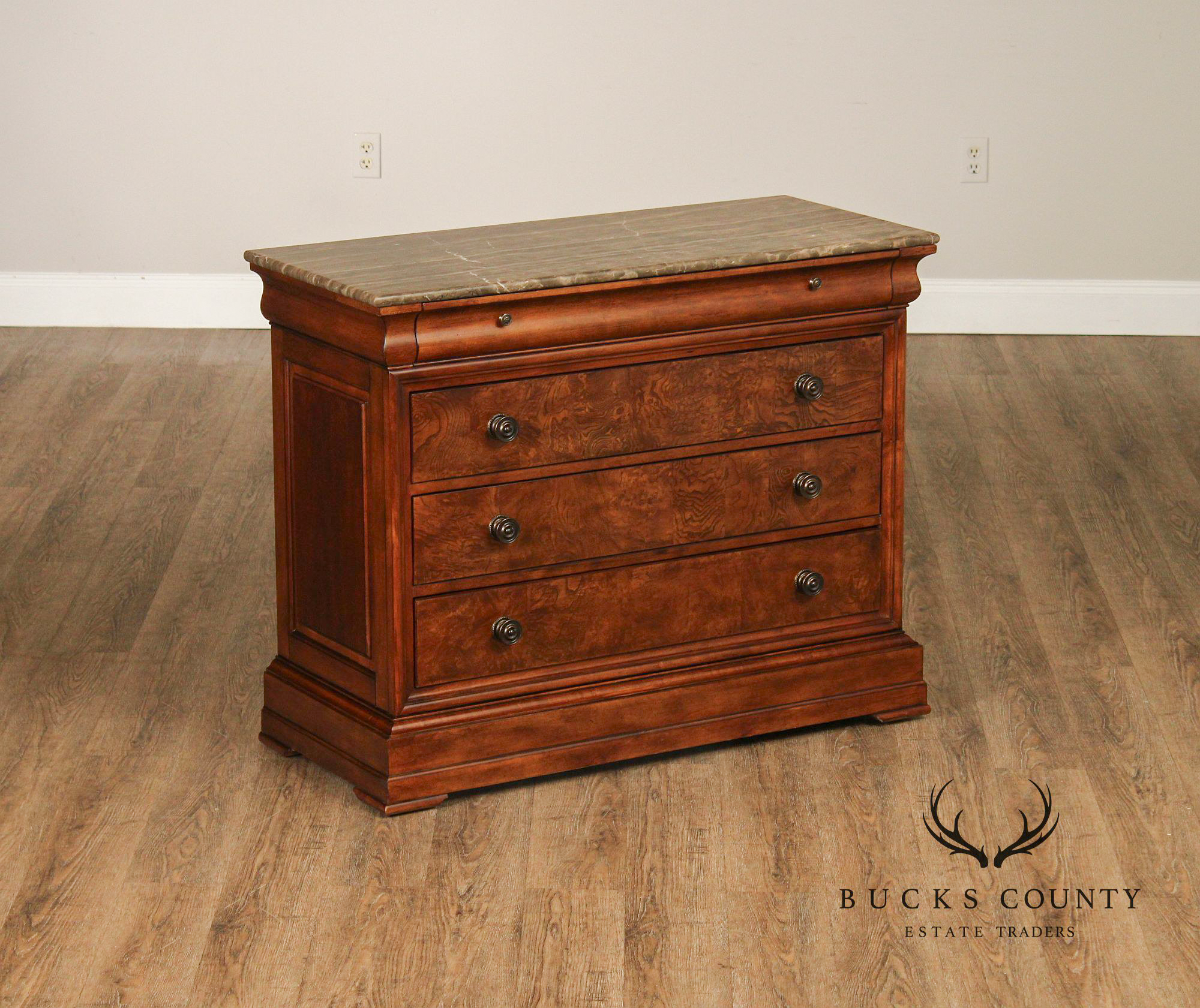 Ethan Allen Louis Philippe Style Pair of 'Fisher' Marble Top Chests