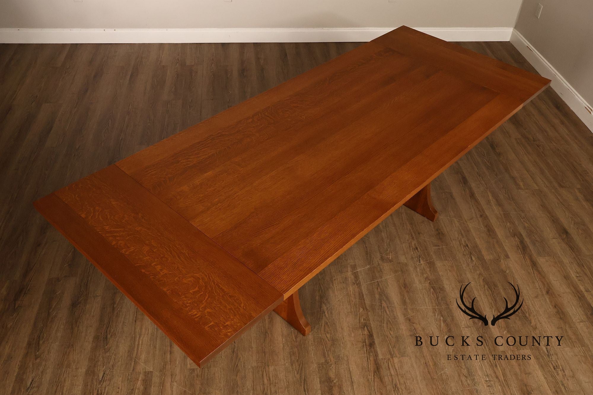 Stickley Mission Collection Oak Trestle Dining Table With Two Leaves