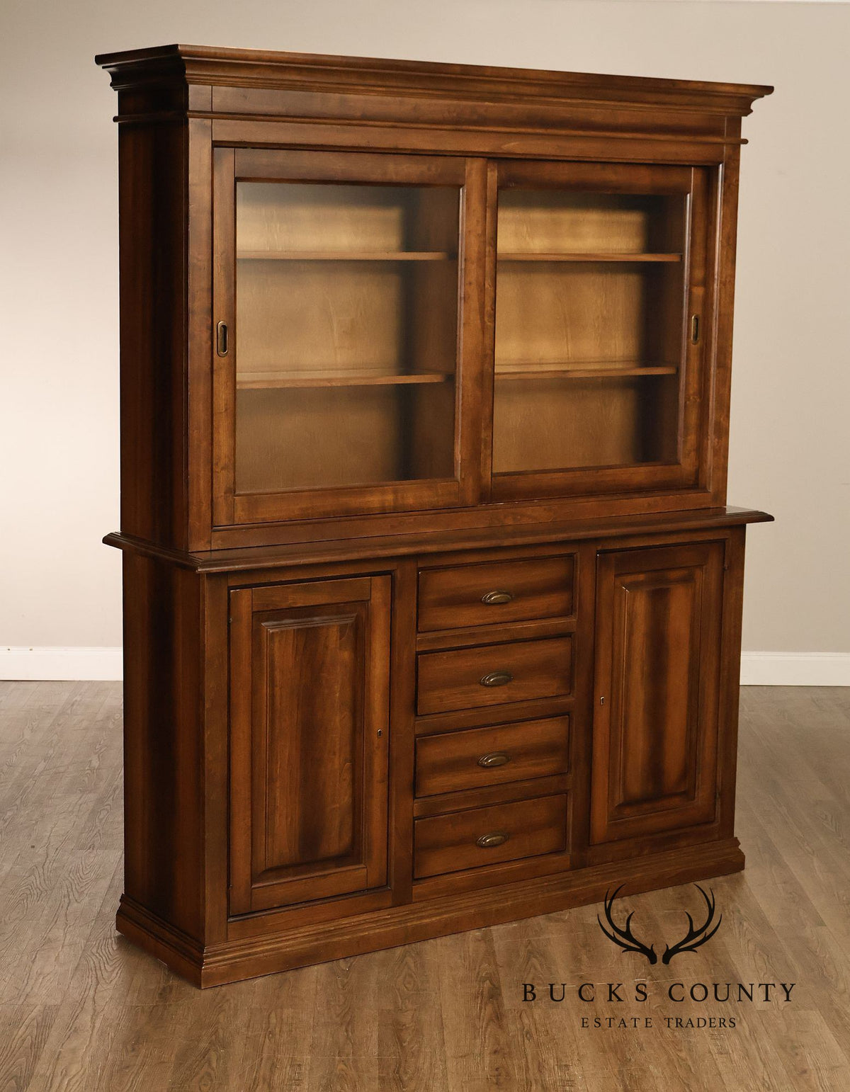 Arhaus Tuscan Italian Walnut Buffet With Sliding Glass Door Hutch