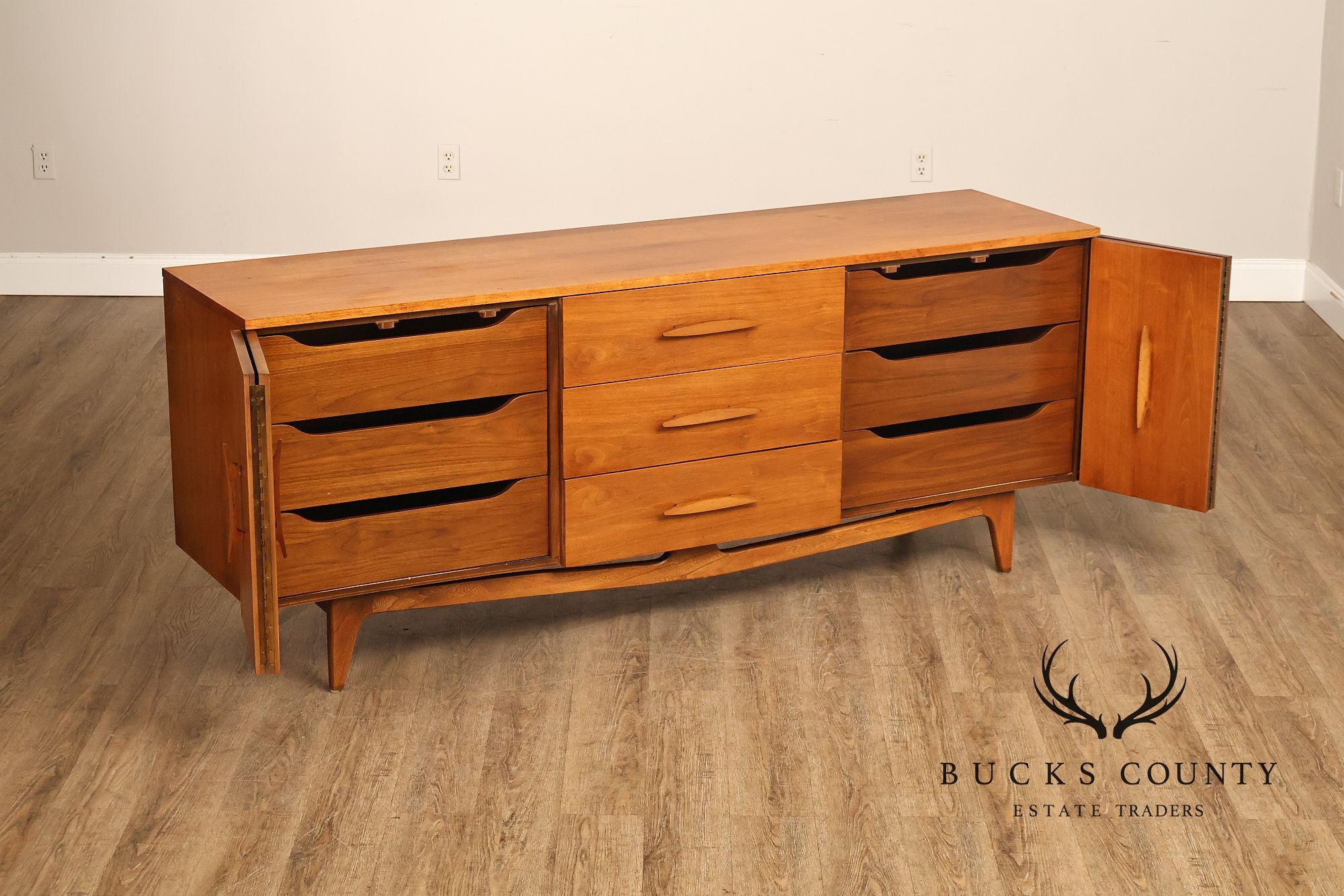 Mid Century Modern Sculpted Walnut Long Dresser