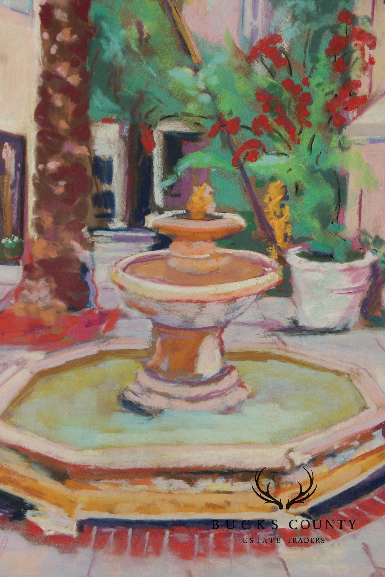 R. Hoefer Oil Pastel Painting, Spanish Courtyard