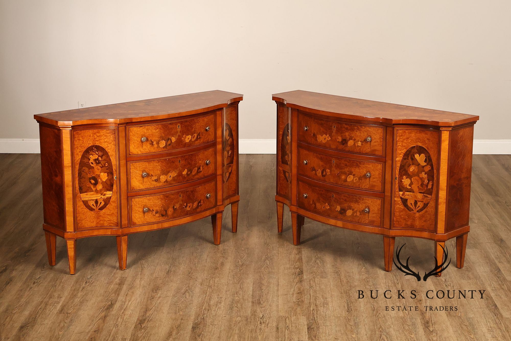 Italian Neoclassical Style Pair of Burl Wood Inlaid Sideboards