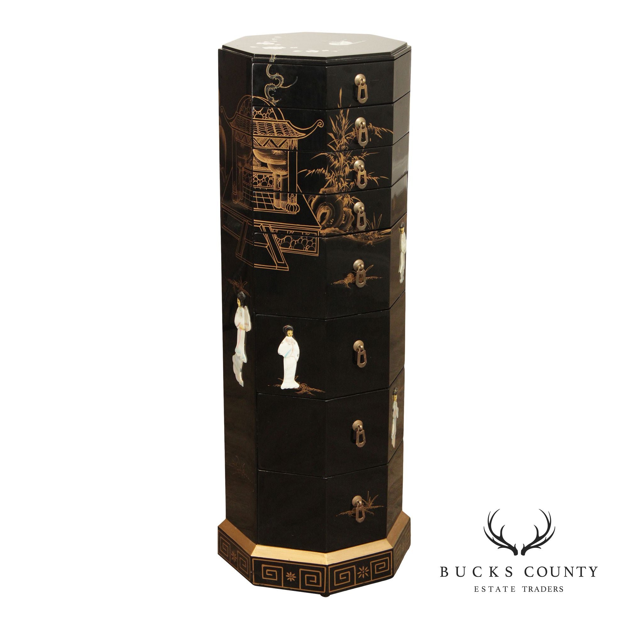 Chinoiserie Decorated Black Lacquer Jewelry Chest