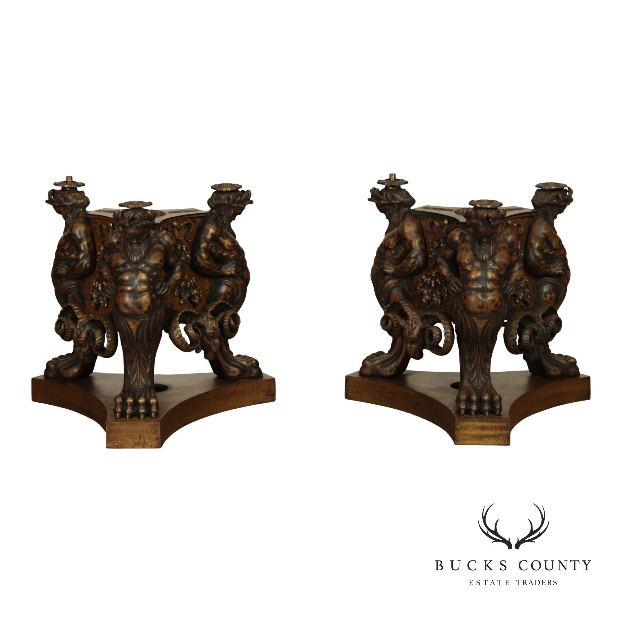 Antique Neoclassical Pair Of Mythological Figural Table Bases In Bronze