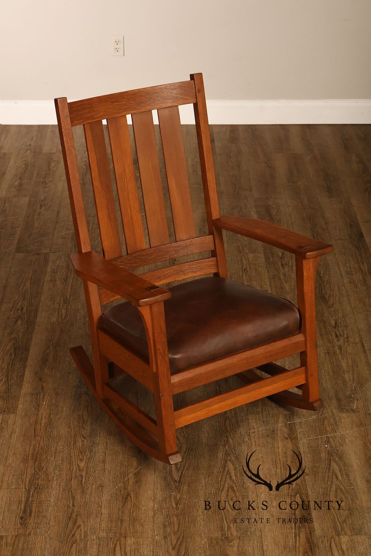 Antique L. & J.G. Stickley Mission Oak Slat Back Rocking Chair