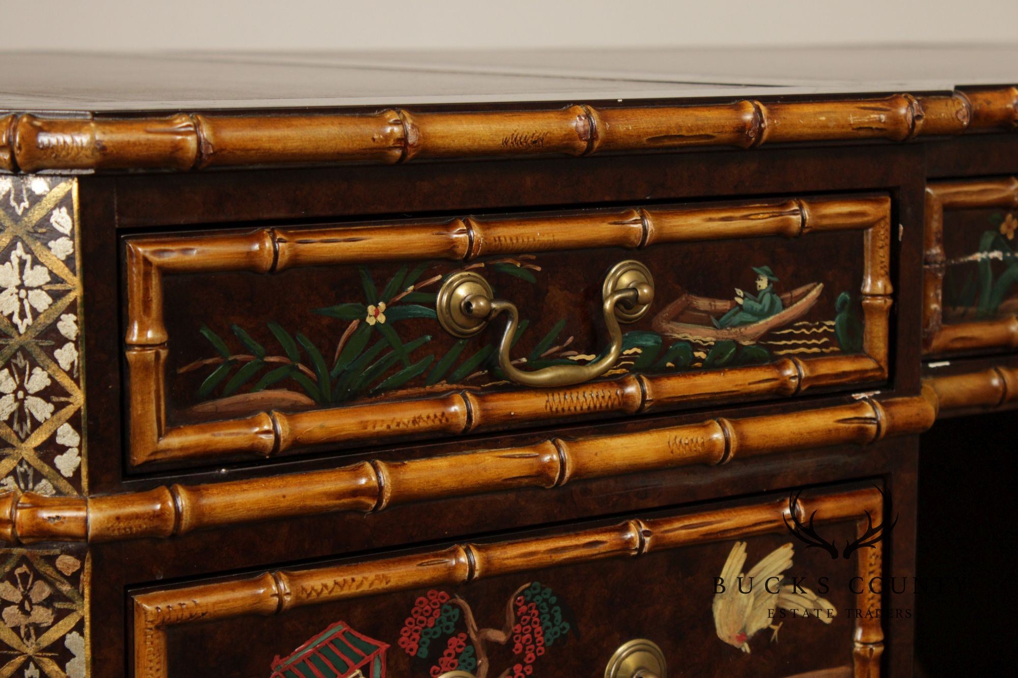 John Widdicomb Chinoiserie Leather Top Executive Partner's Desk