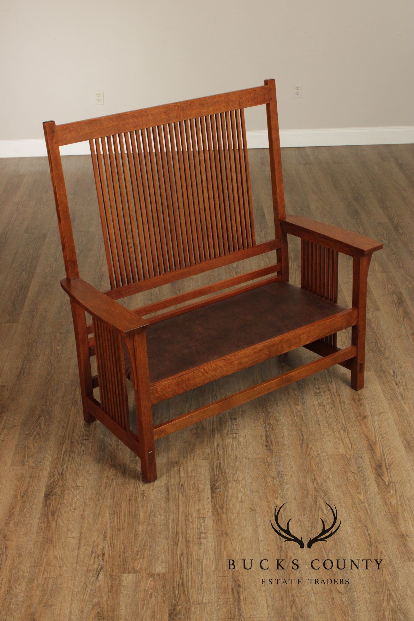 Stickley Mission Collection Oak And Leather Spindle Settee