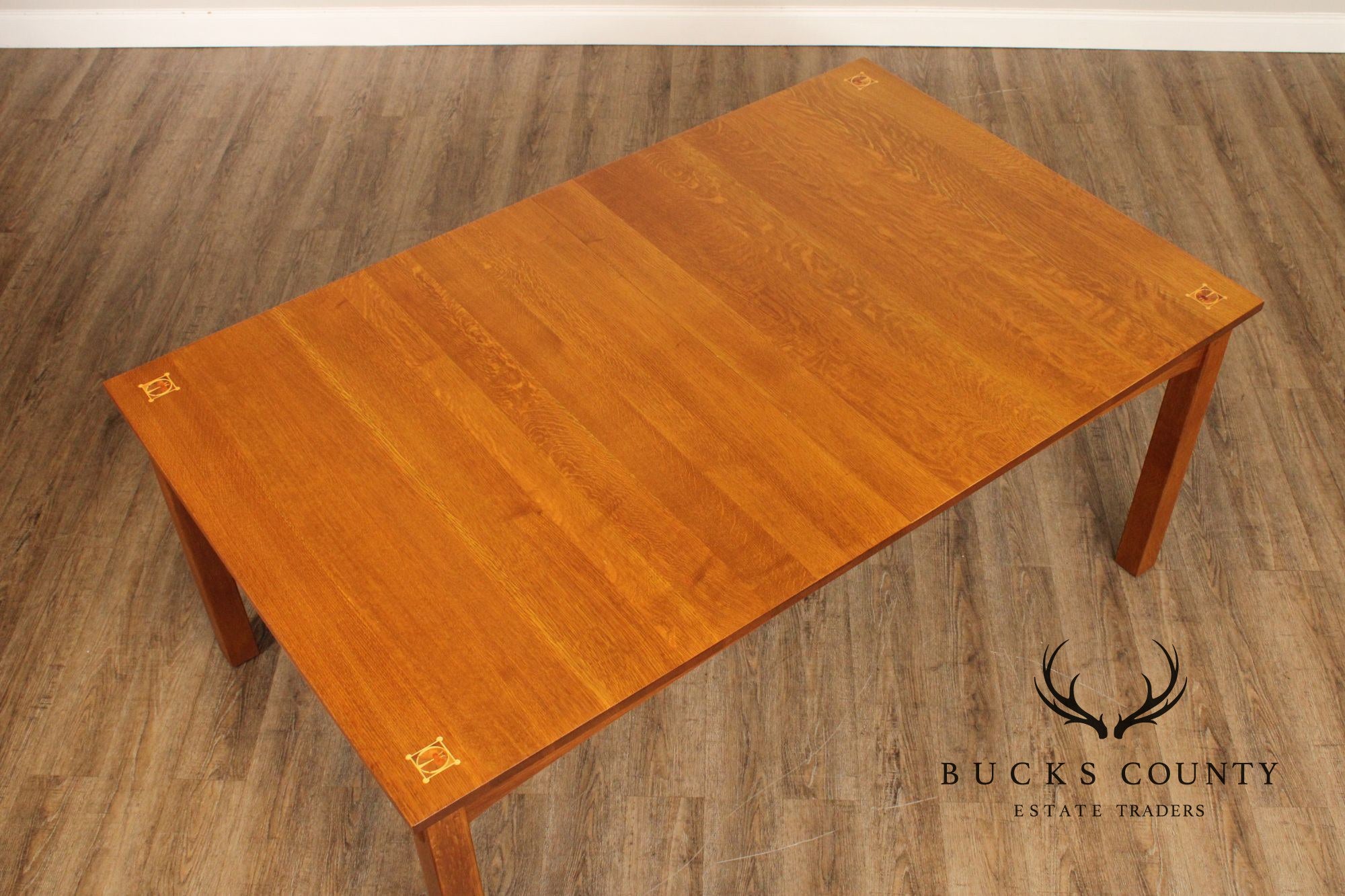 STICKLEY MISSION COLLECTION OAK HARVEY ELLIS EXTENDABLE DINING TABLE WITH INLAY
