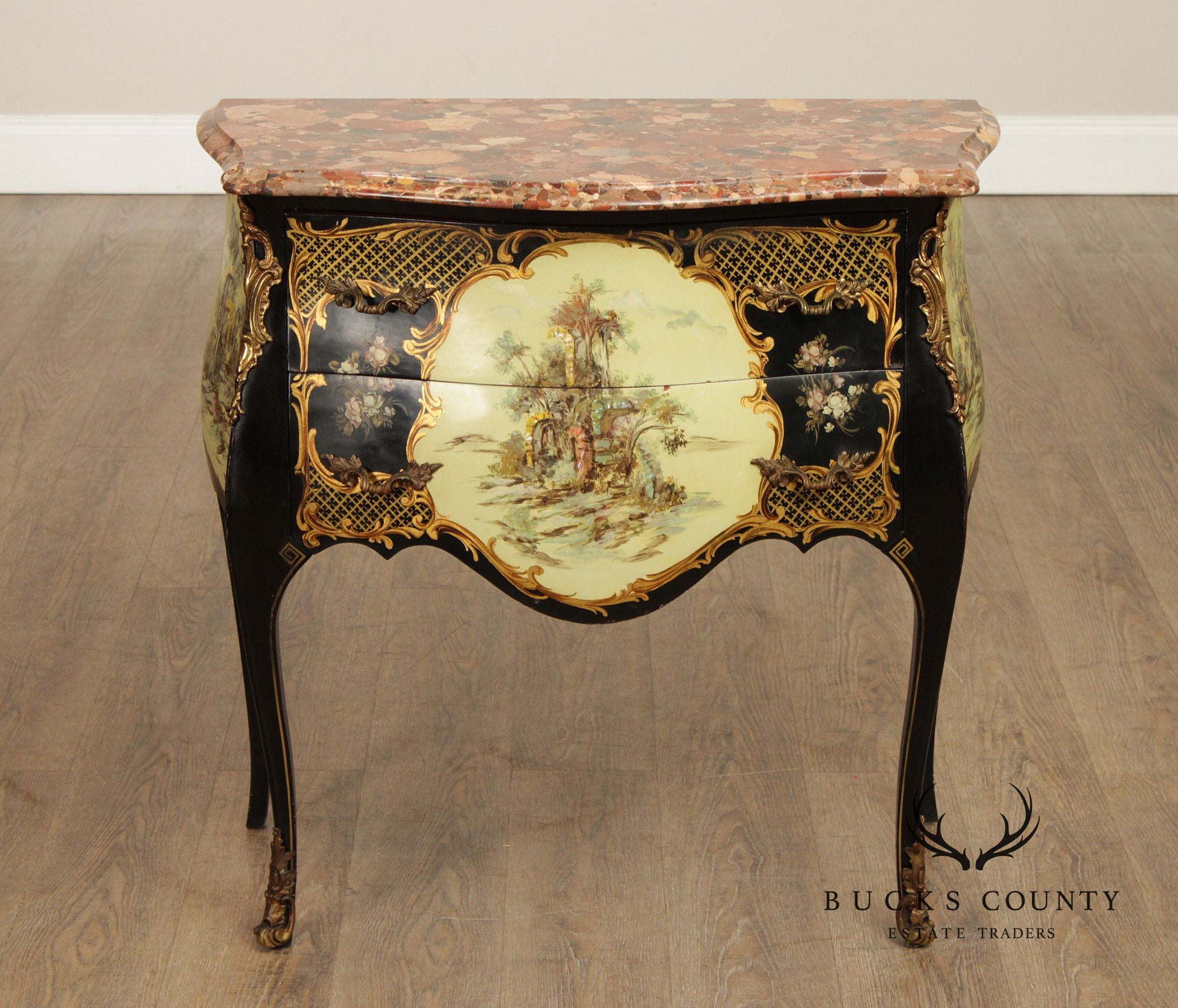 Louis XV Style Hand Painted Marble Top Bombe Commode