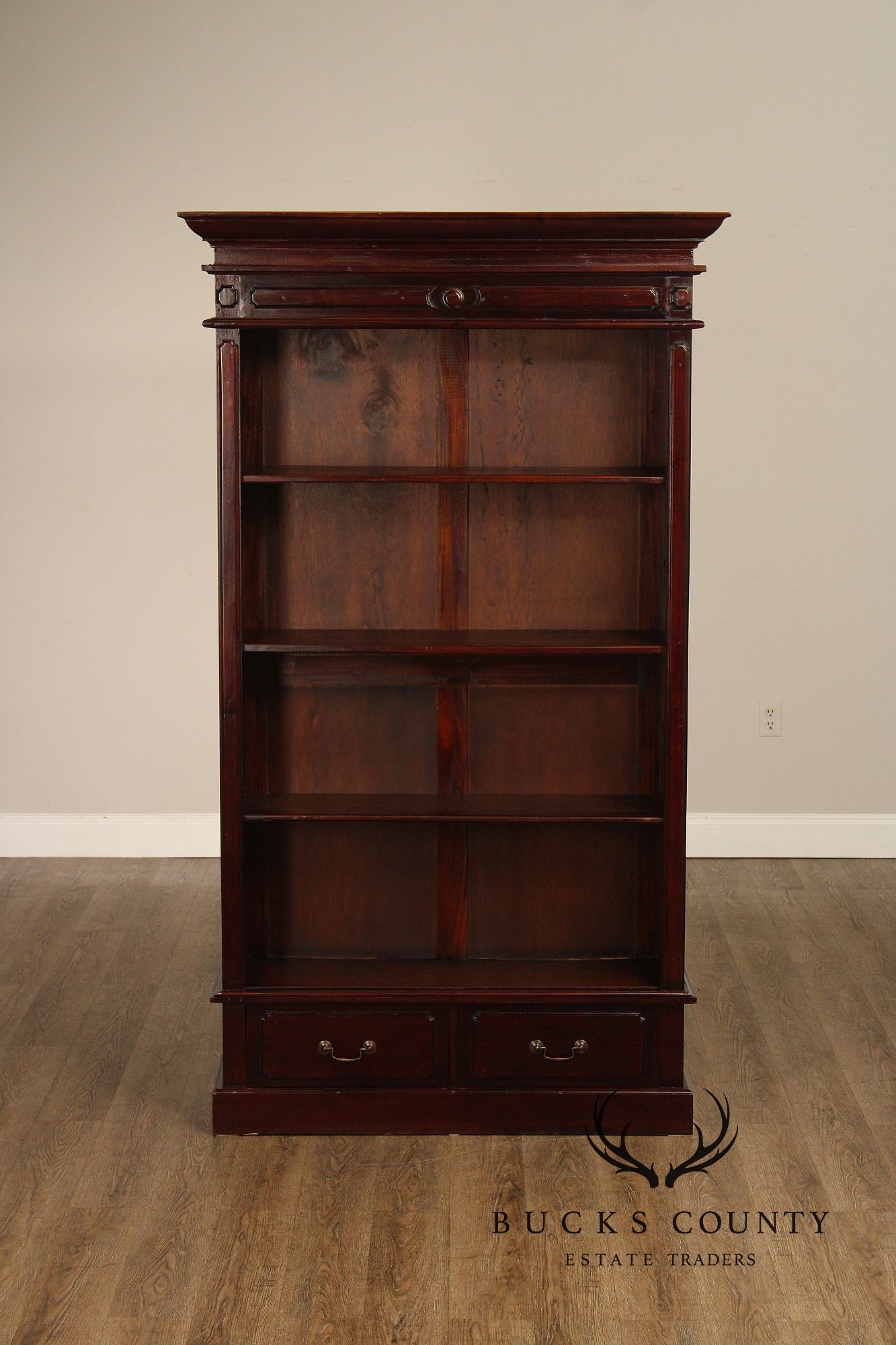 Mahogany Pair Of Tall Open Bookcases With Drawers