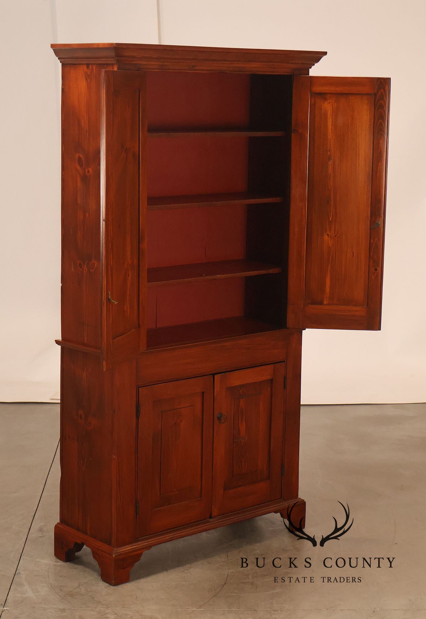 Antique Primitive American Pine Two Piece Pantry Cupboard