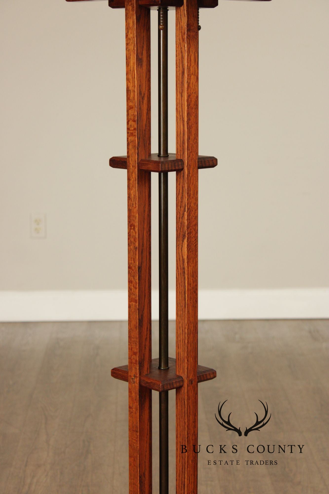 Pair Michael Adams – Aurora Studios Prairie School Oak & Stained Glass Floor Lamps