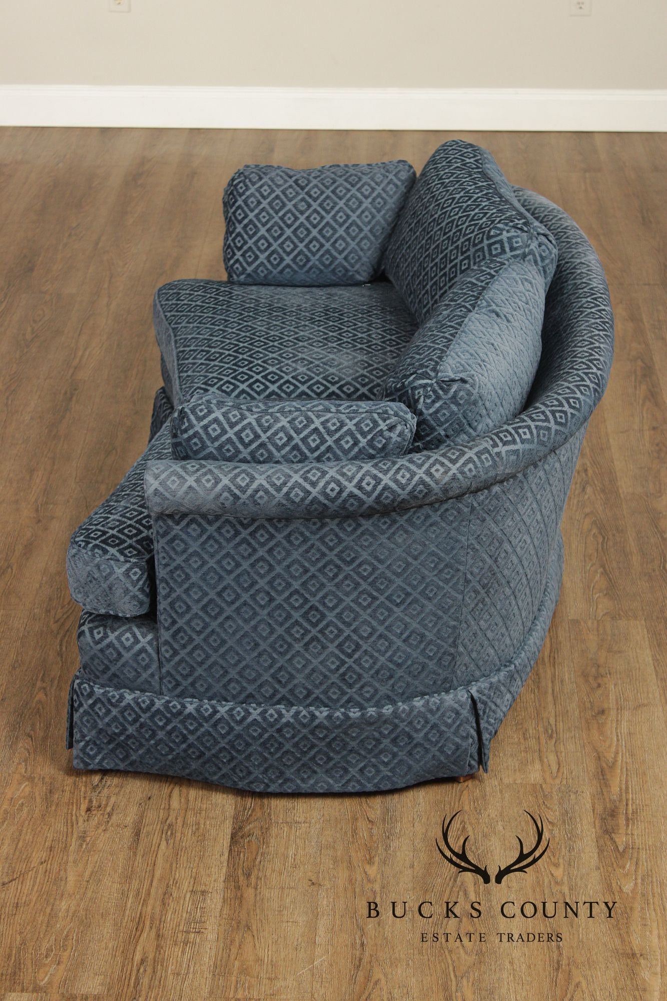 Custom Upholstered Blue Diamond Pattern Curved Loveseat