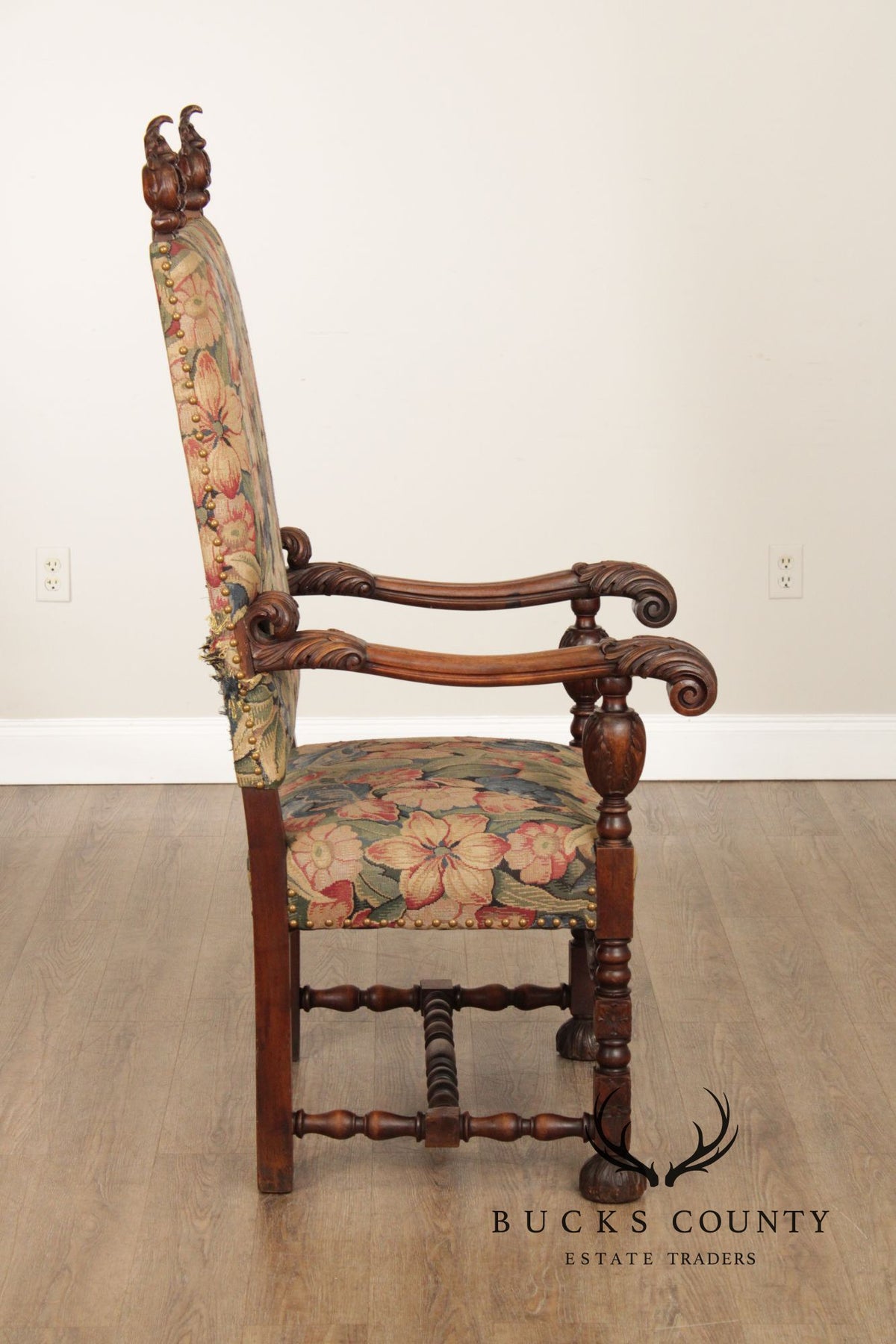 Antique French Baroque Style Carved Walnut Armchair