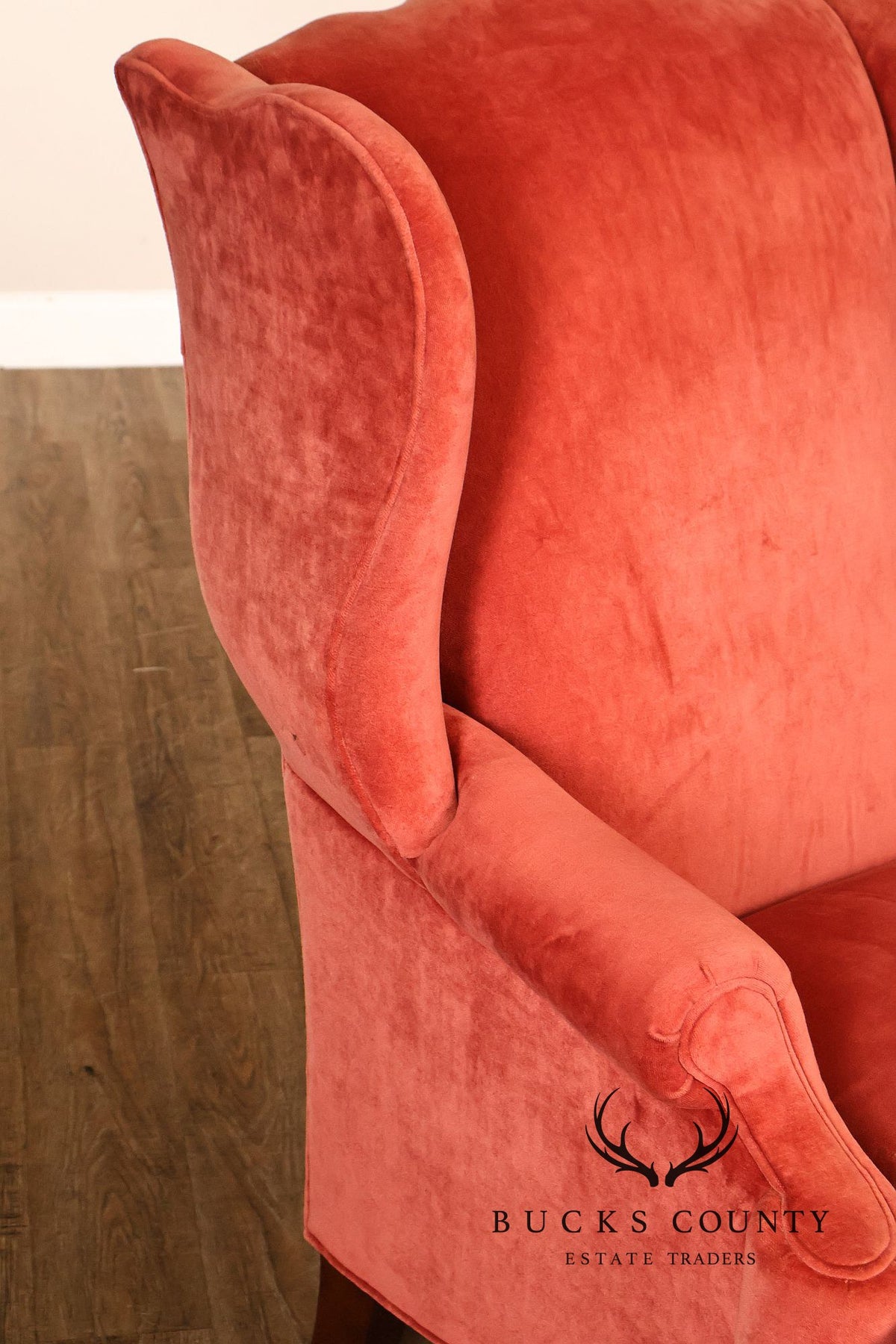 Thomasville Pair Of Traditional Coral Velvet Wingback Chairs