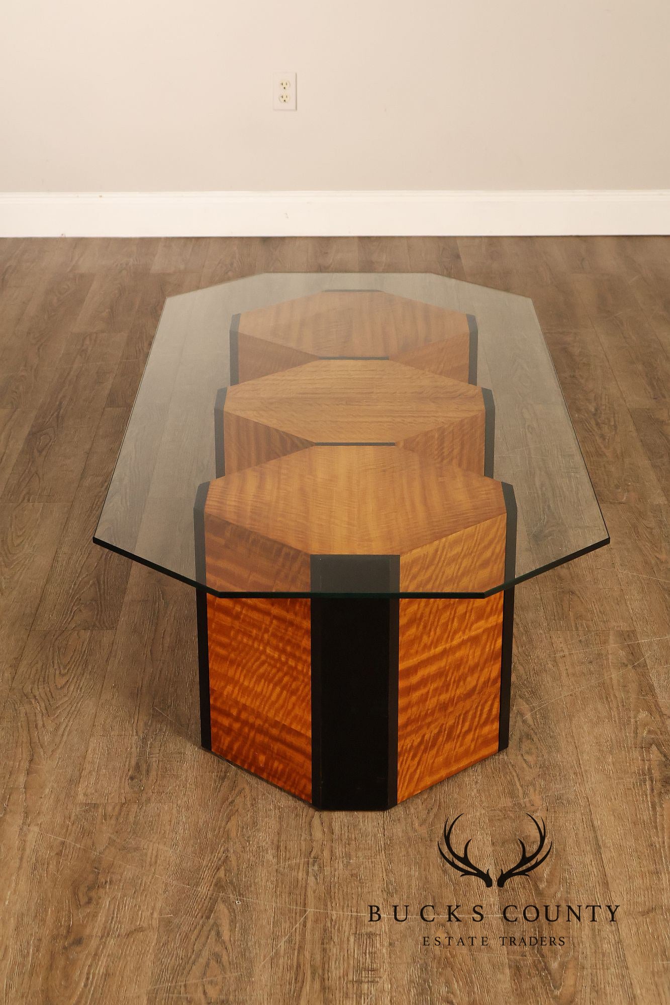 Honeycomb Style Glass Top Coffee Table With Figured Wood Base
