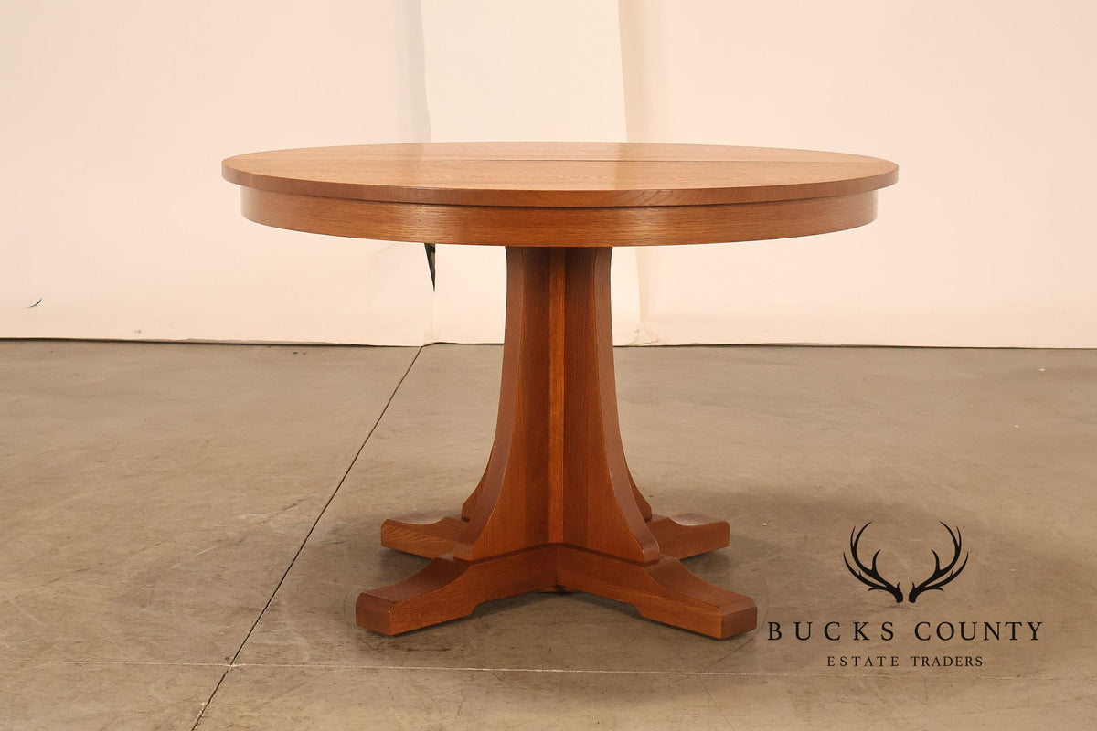 Stickley Mission Collection Round Oak Pedestal Dining Table With Two Leaves