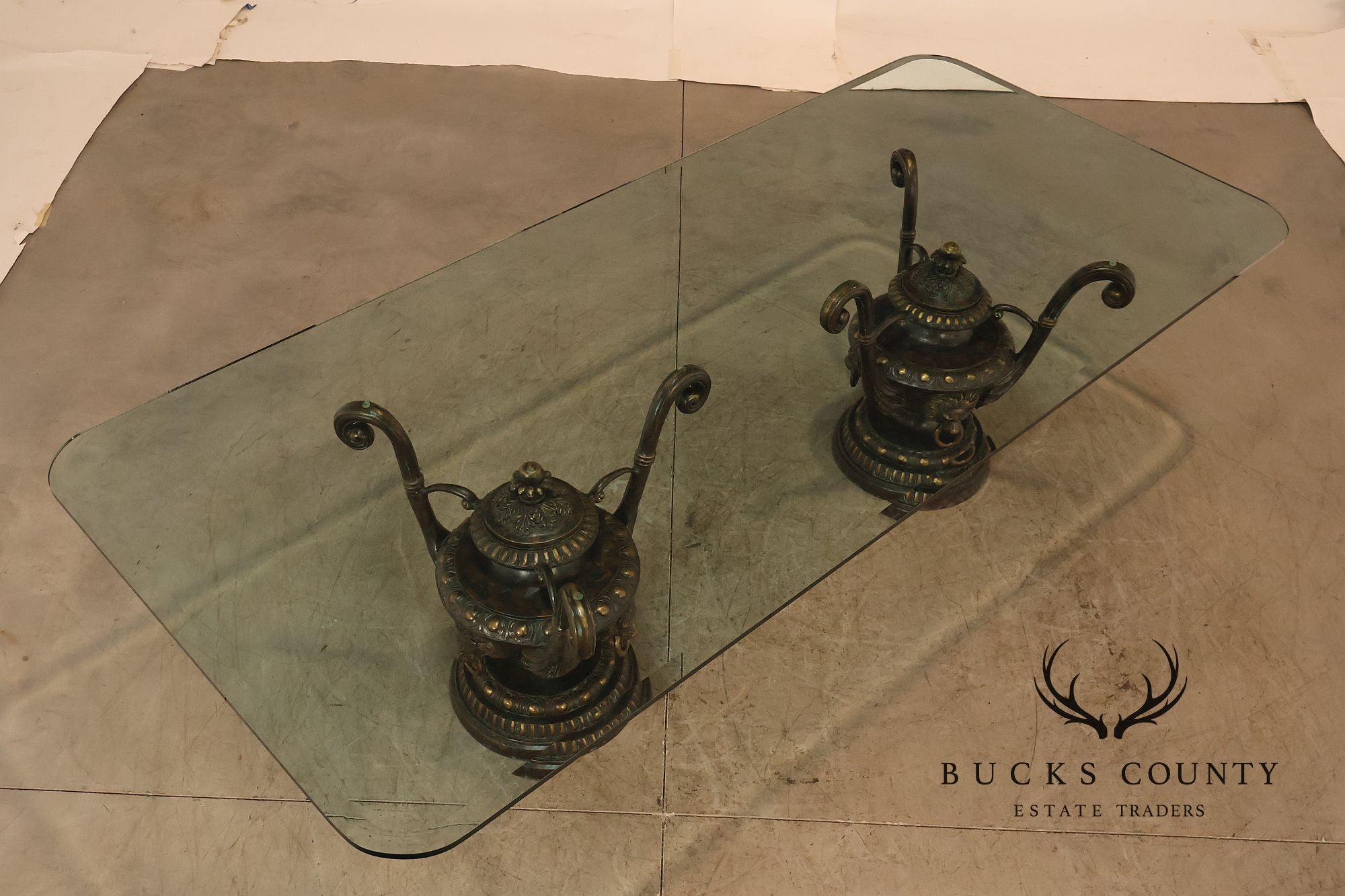 Monumental Brass Urn Form Double Pedestal Glass Top Dining Table