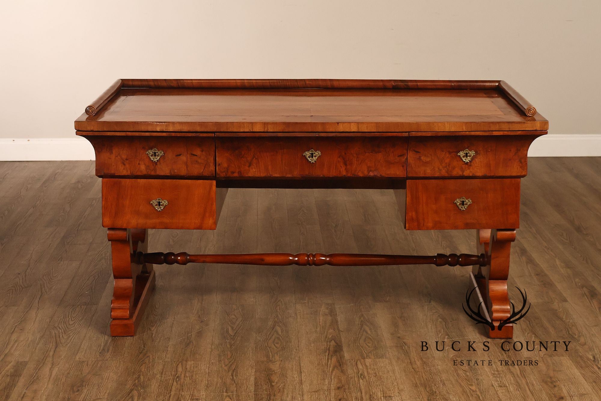 Antique 19th Century Biedermeier Walnut Five Drawer Writing Desk