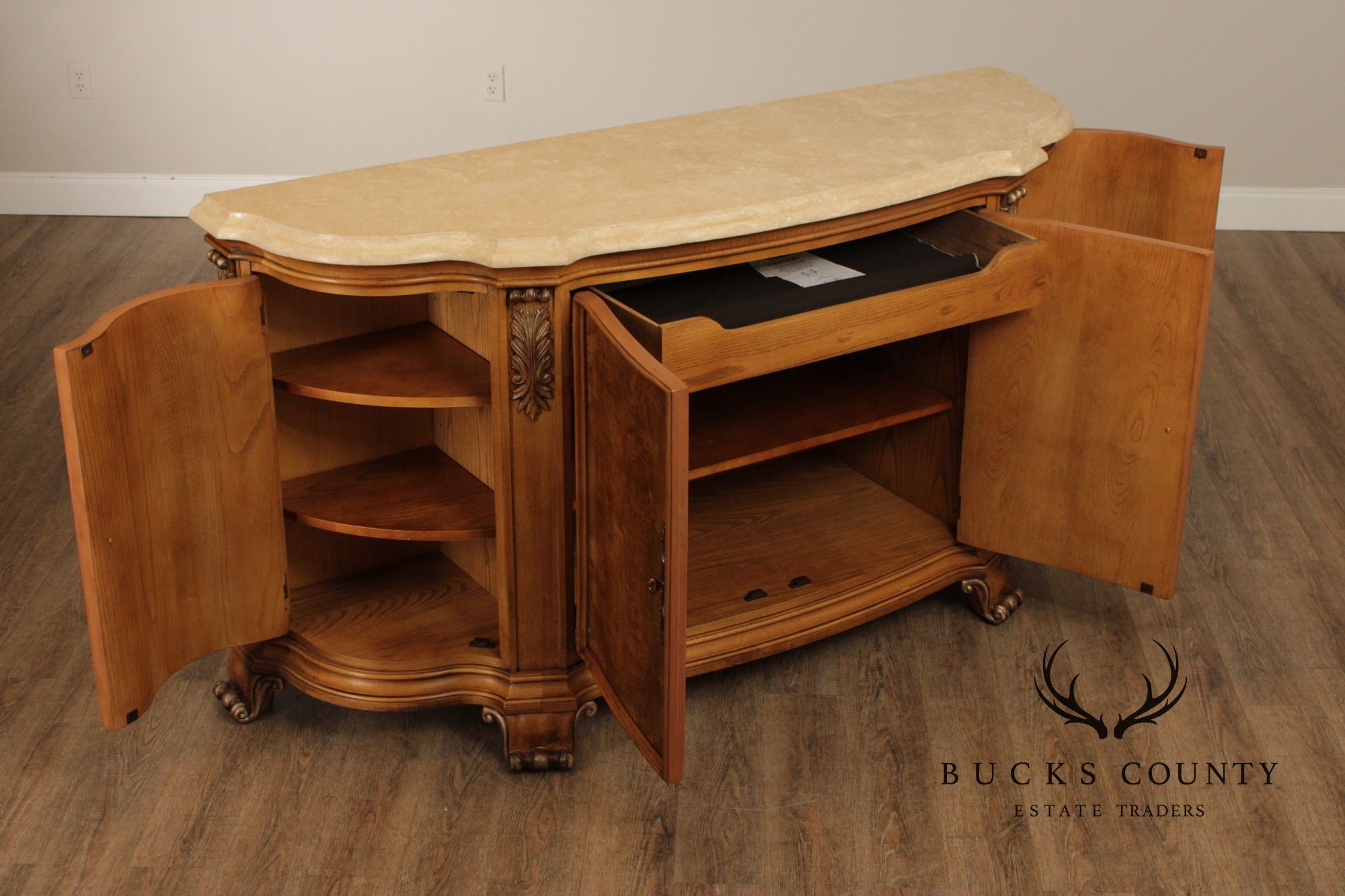 Henredon Burl Wood Marble Top Sideboard Buffet Cabinet