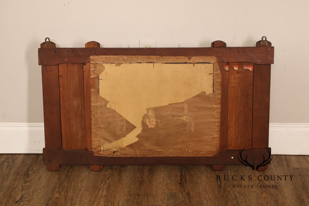 Antique Arts And Crafts Mission Oak Hall Mirror With Coat Hooks