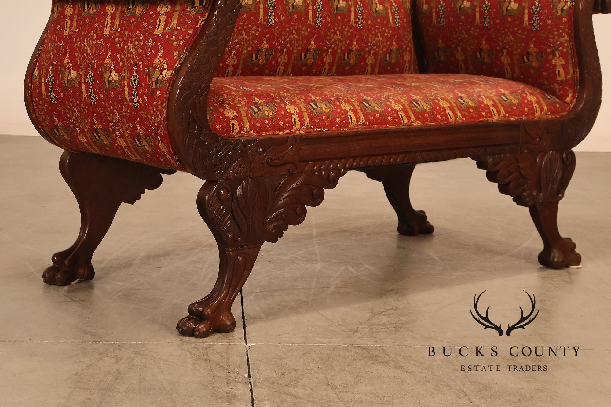 Antique American Empire Carved Mahogany Sofa With Scrolled Arms And Lion Paw Feet