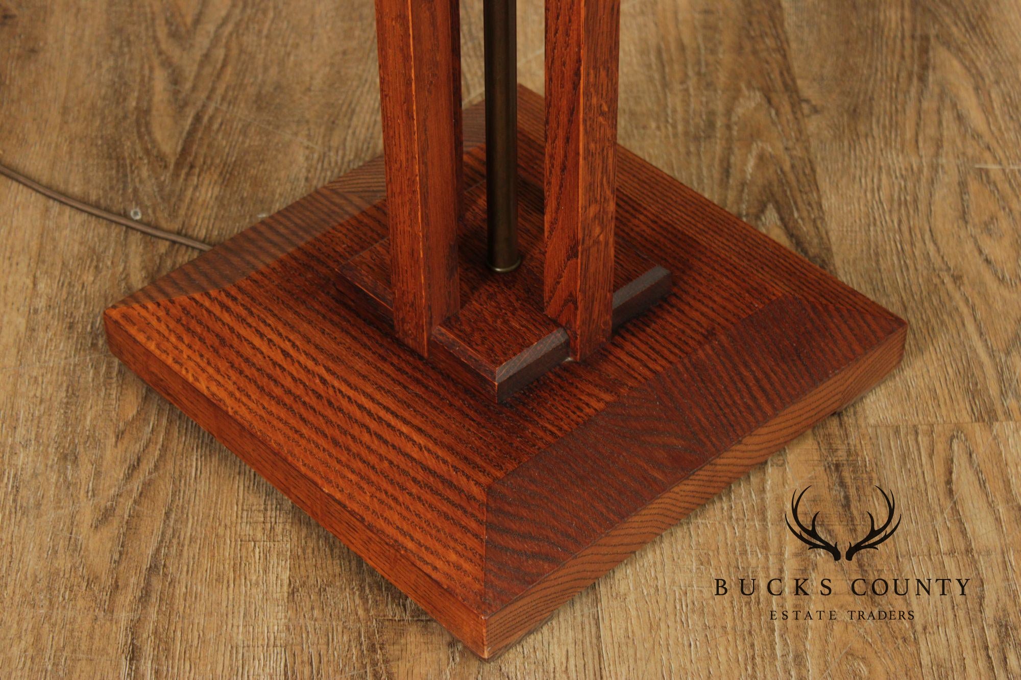 Pair Michael Adams – Aurora Studios Prairie School Oak & Stained Glass Floor Lamps
