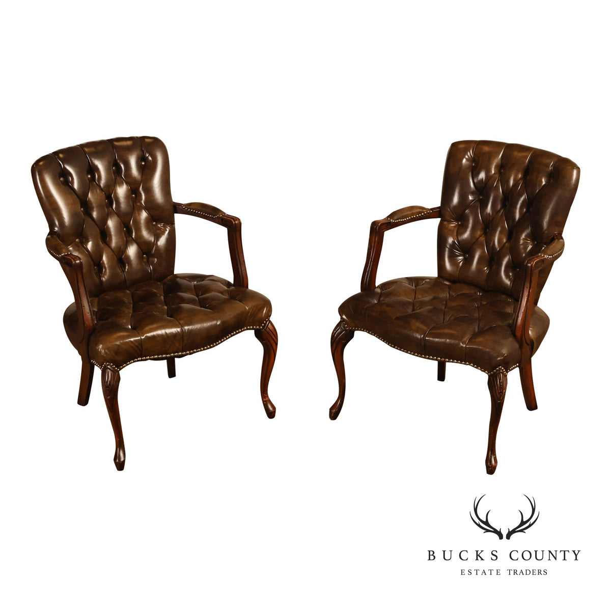 Vintage Chippendale Style Pair Of Tufted Armchairs