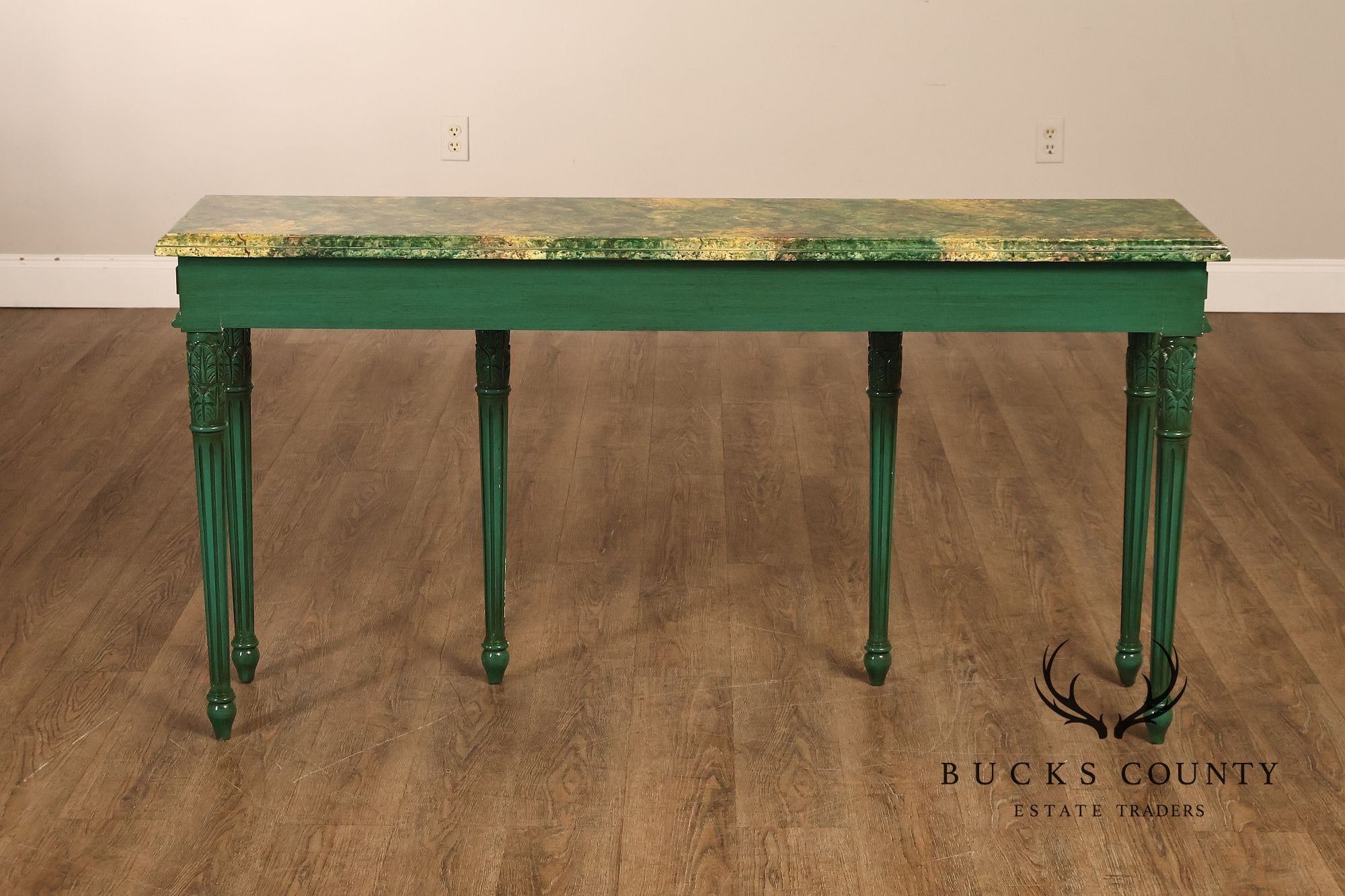 Neoclassical Style Narrow Custom Quality Console Table With Faux Marble Top