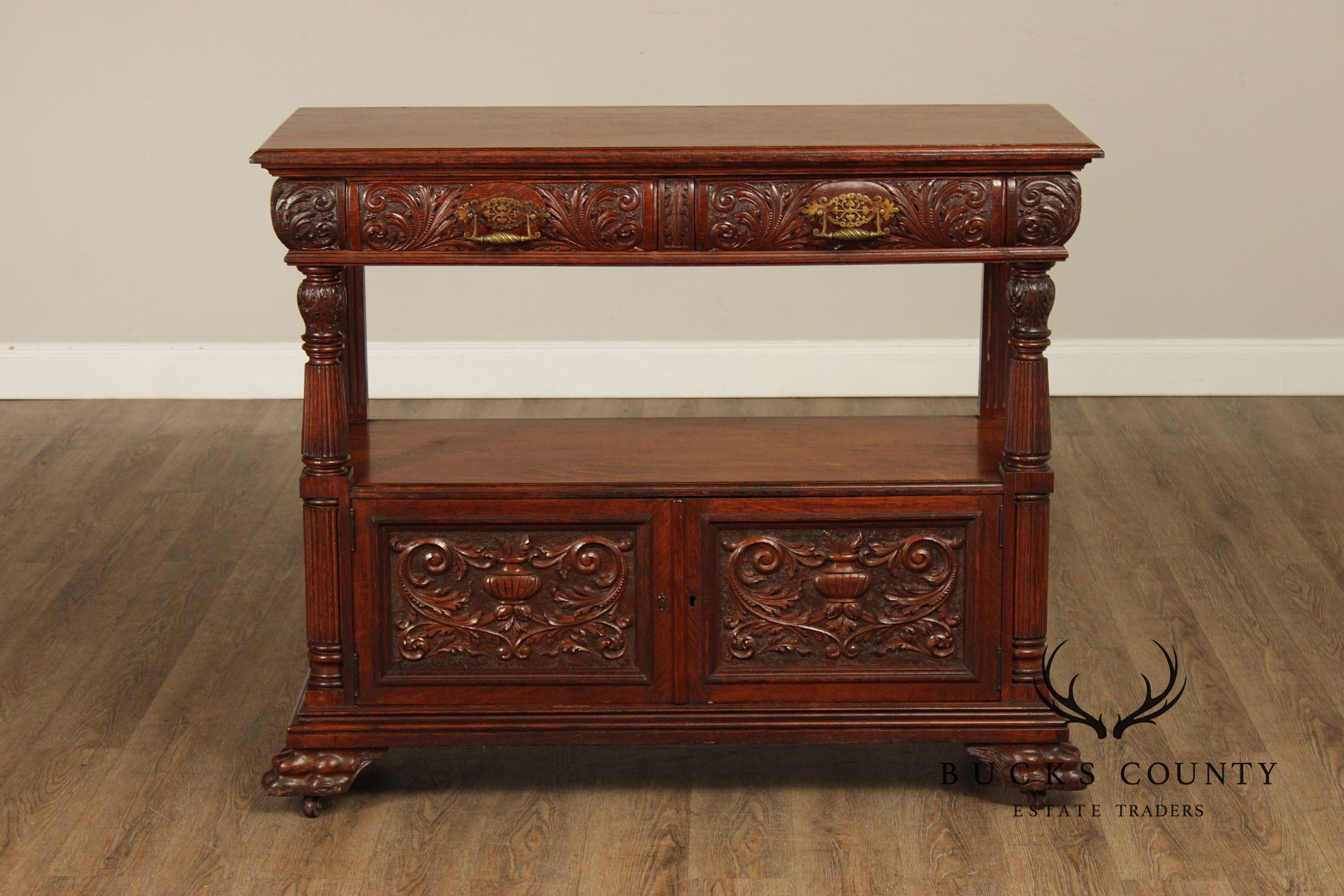 Antique Carved Oak Server Cabinet In The Manner Of R. J. Horner