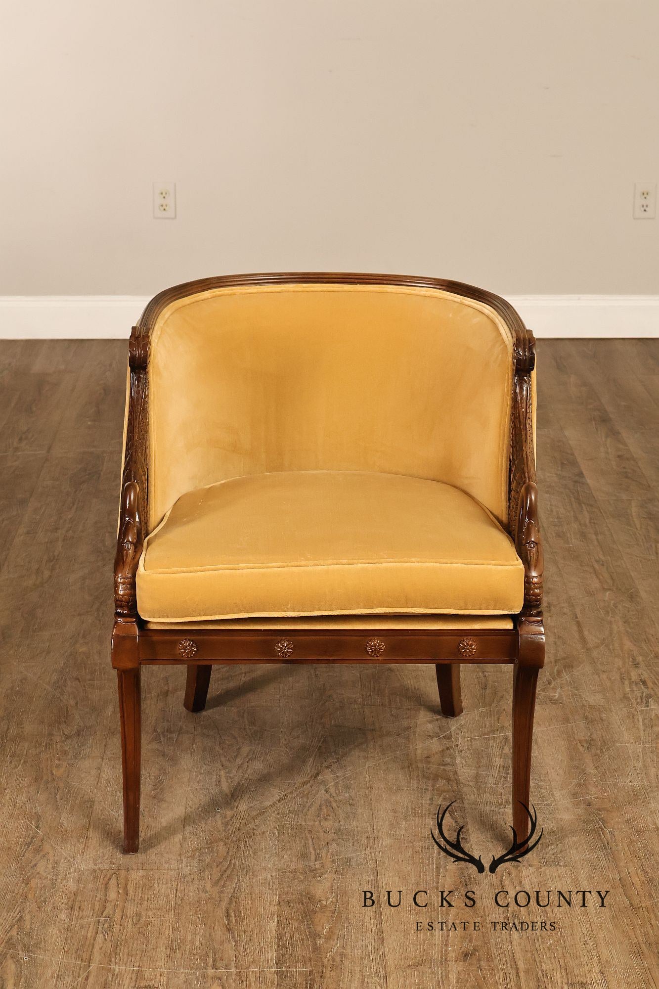 Pair Of French Empire Style Carved Mahogany Swan Motif Barrel Back Club Chairs In Gold Velvet