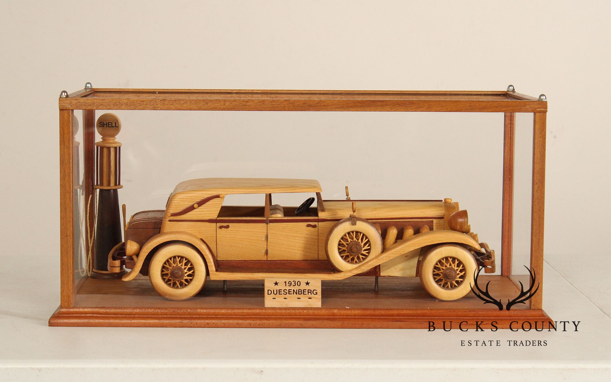 Carved Wood 1930 Duesenberg Model J in Display Case