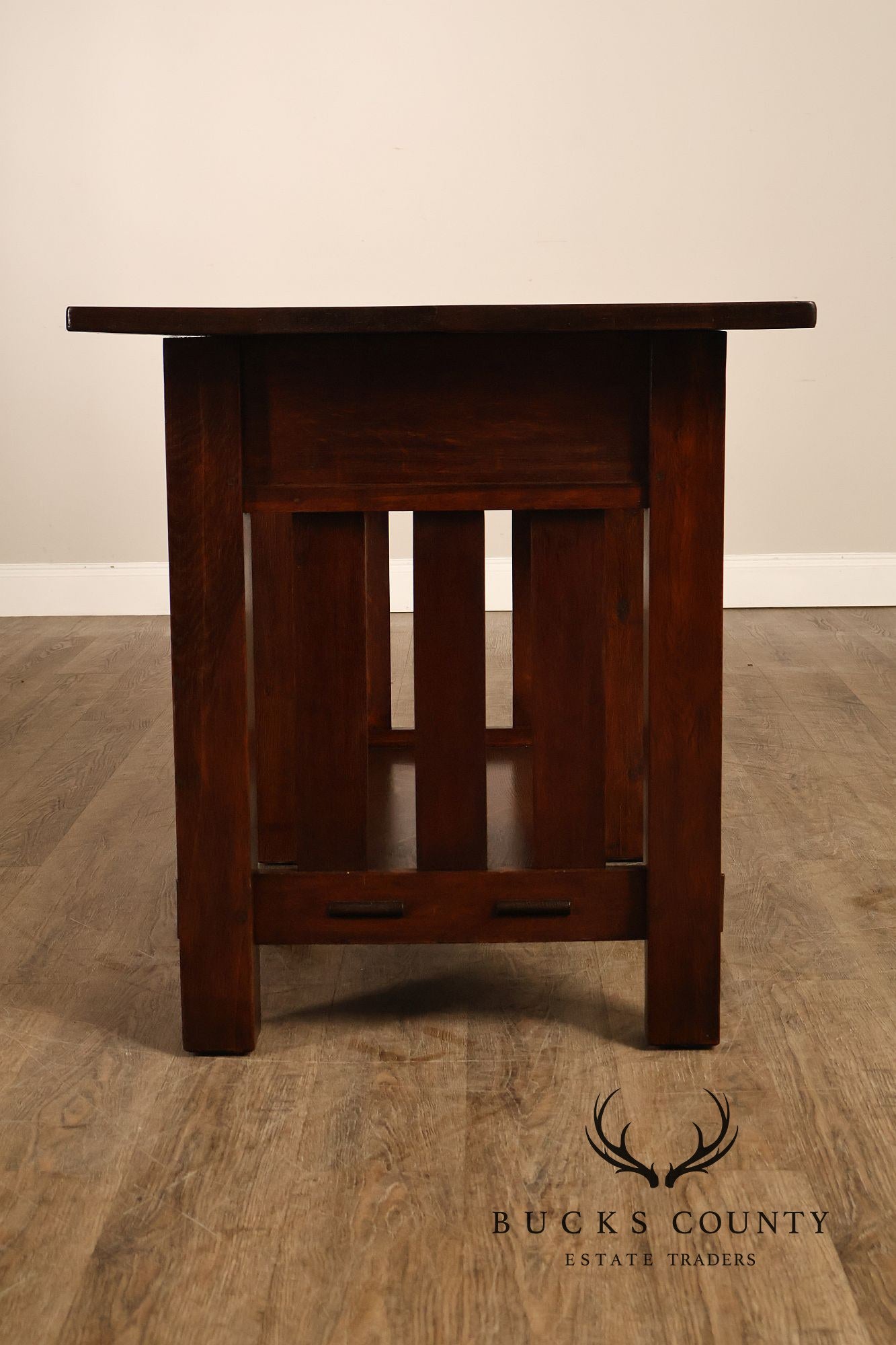 Antique Mission Oak Library Table Writing Desk With Drawers And Lower Shelf
