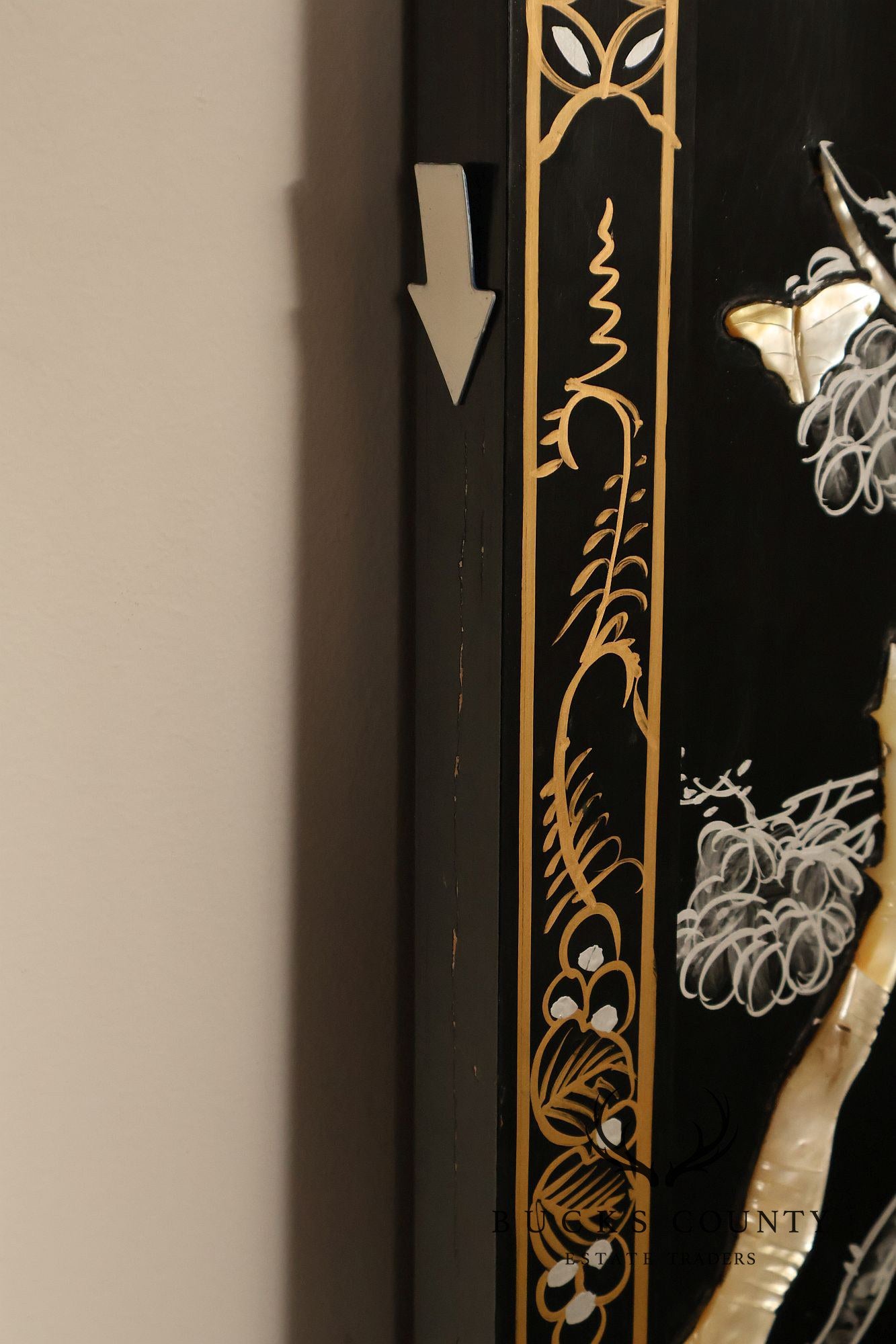 Asian Black Lacquer Vintage Pair Of Four Panel Folding Screens With Mother Of Pearl Inlay