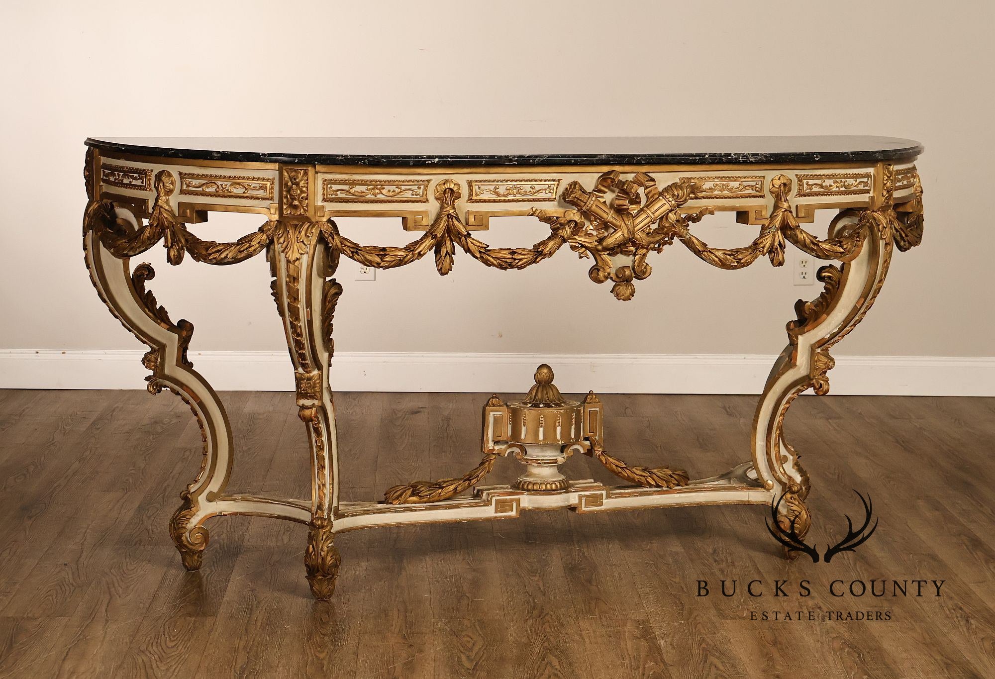 Louis XV Style Giltwood And Painted Demilune Marble Top Console Table