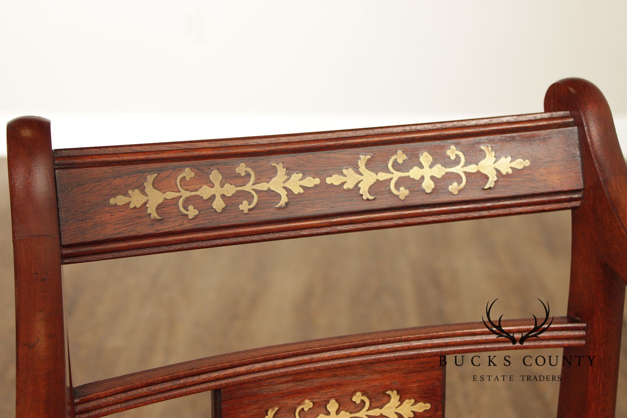 Antique English Regency Style Pair of Rosewood Brass Inlaid Armchairs