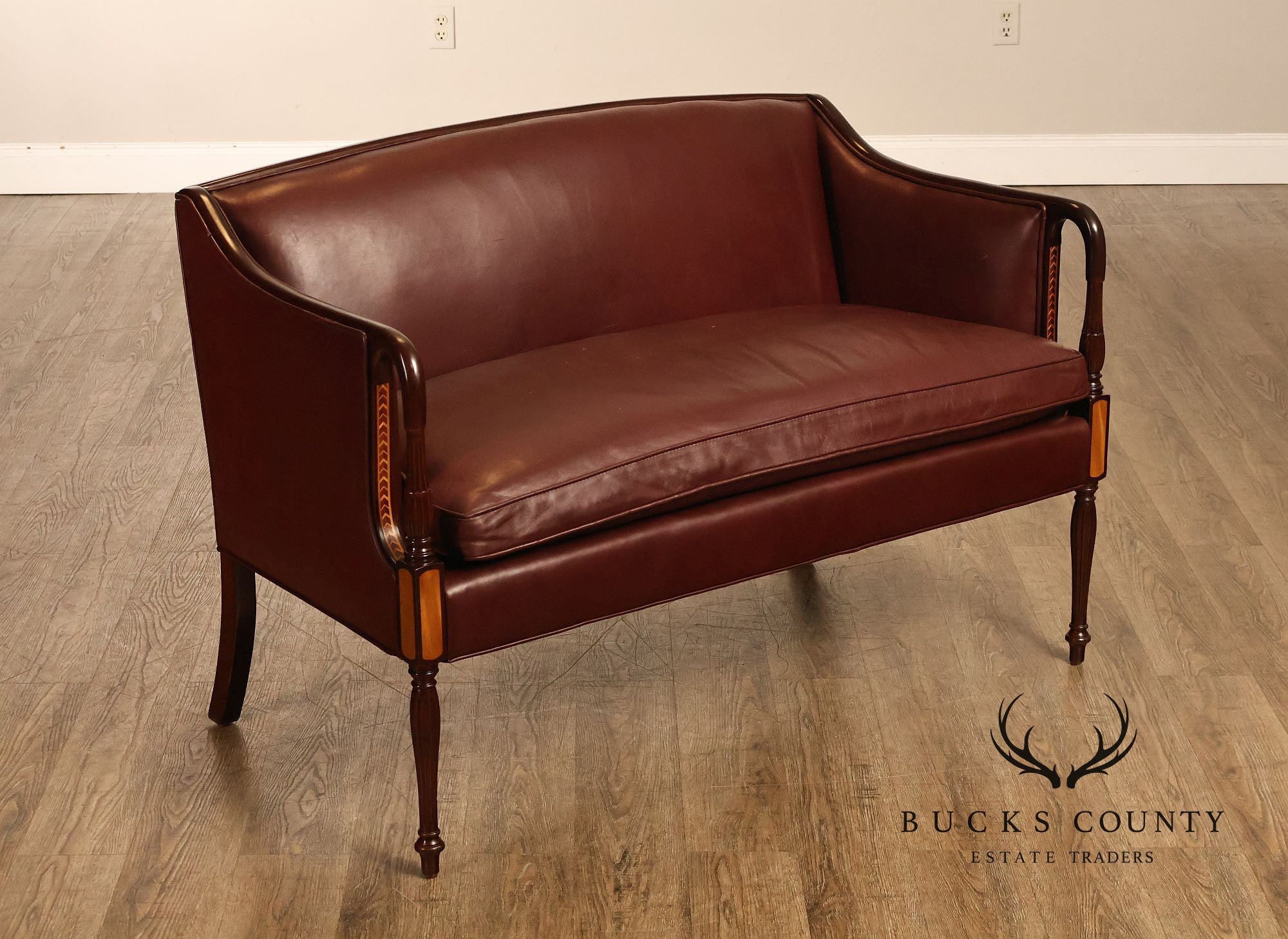 Hancock & Moore Sheraton Style Inlaid Mahogany Leather Settee