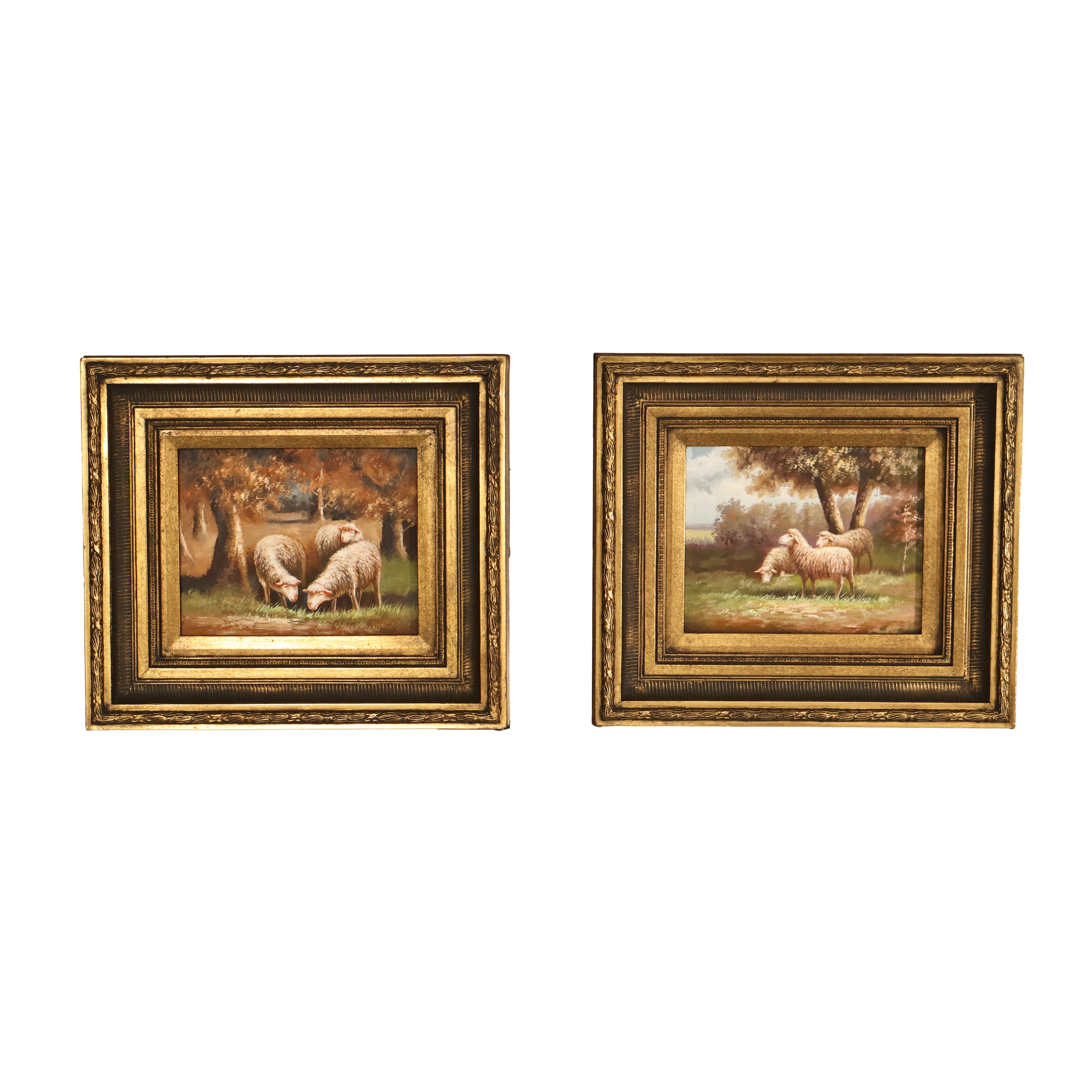Continental Style Pair of Pastoral Landscape Paintings With Sheep